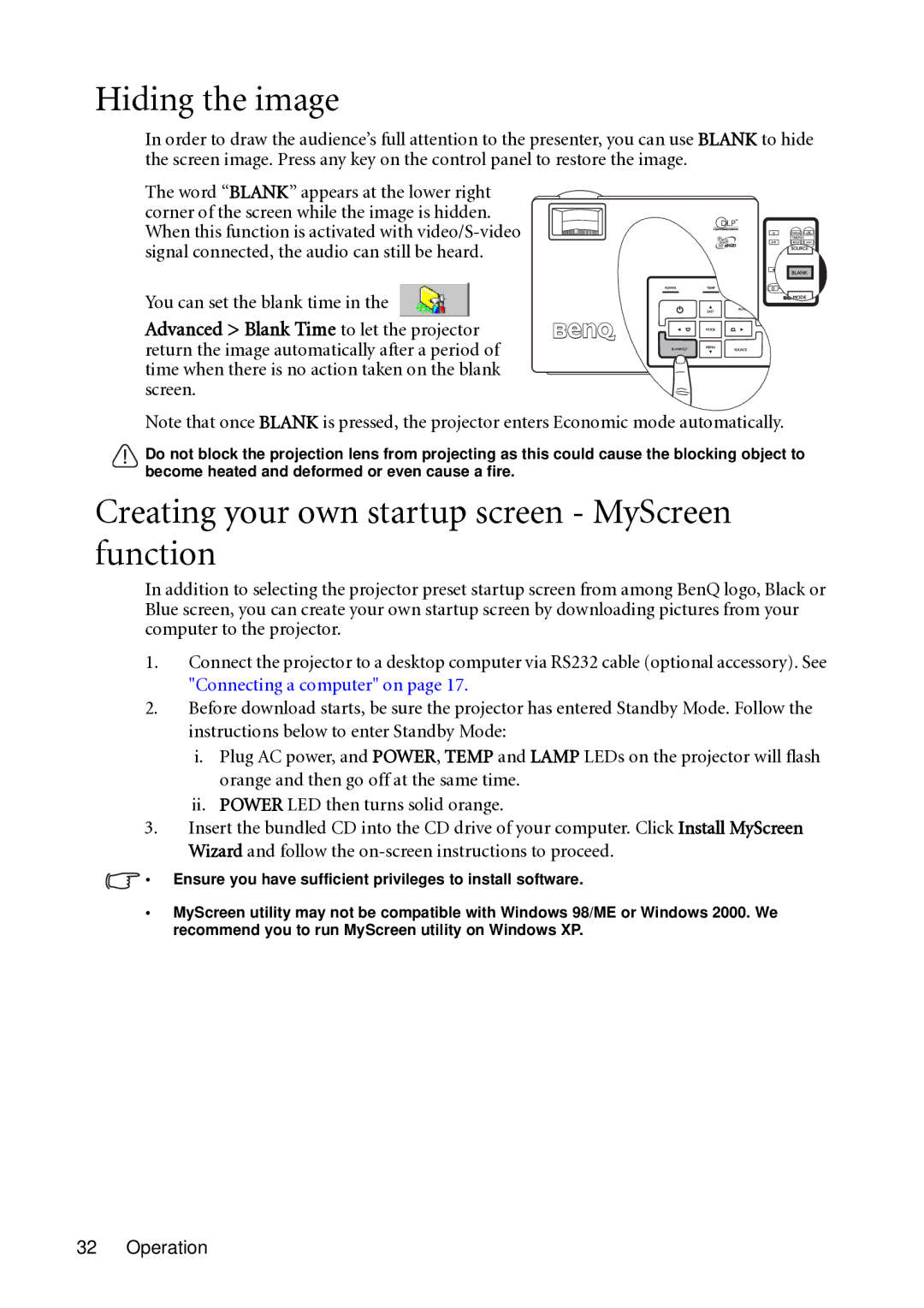 BenQ MP721C user manual Hiding the image, Creating your own startup screen MyScreen function, You can set the blank time 