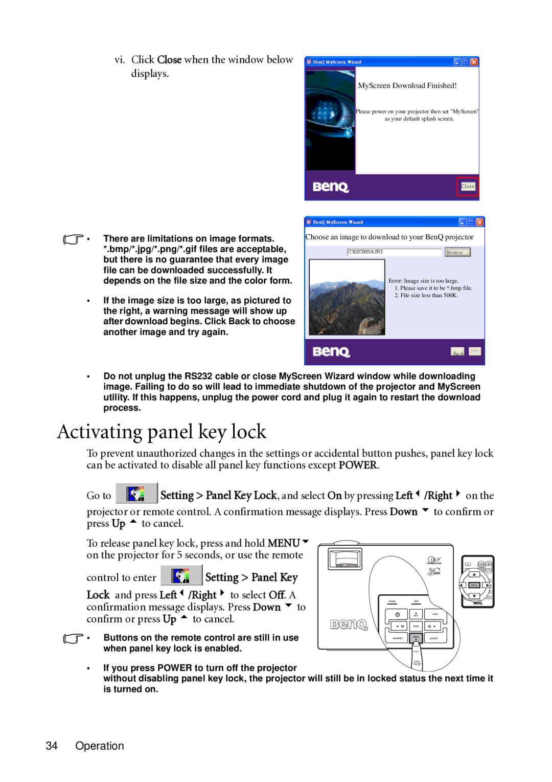 BenQ MP721C user manual Activating panel key lock, Vi. Click Close when the window below displays 