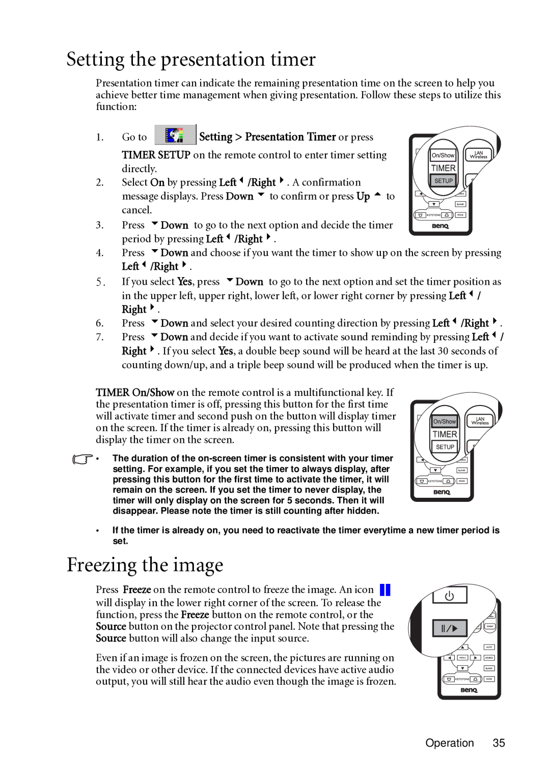 BenQ MP721C user manual Setting the presentation timer, Freezing the image 