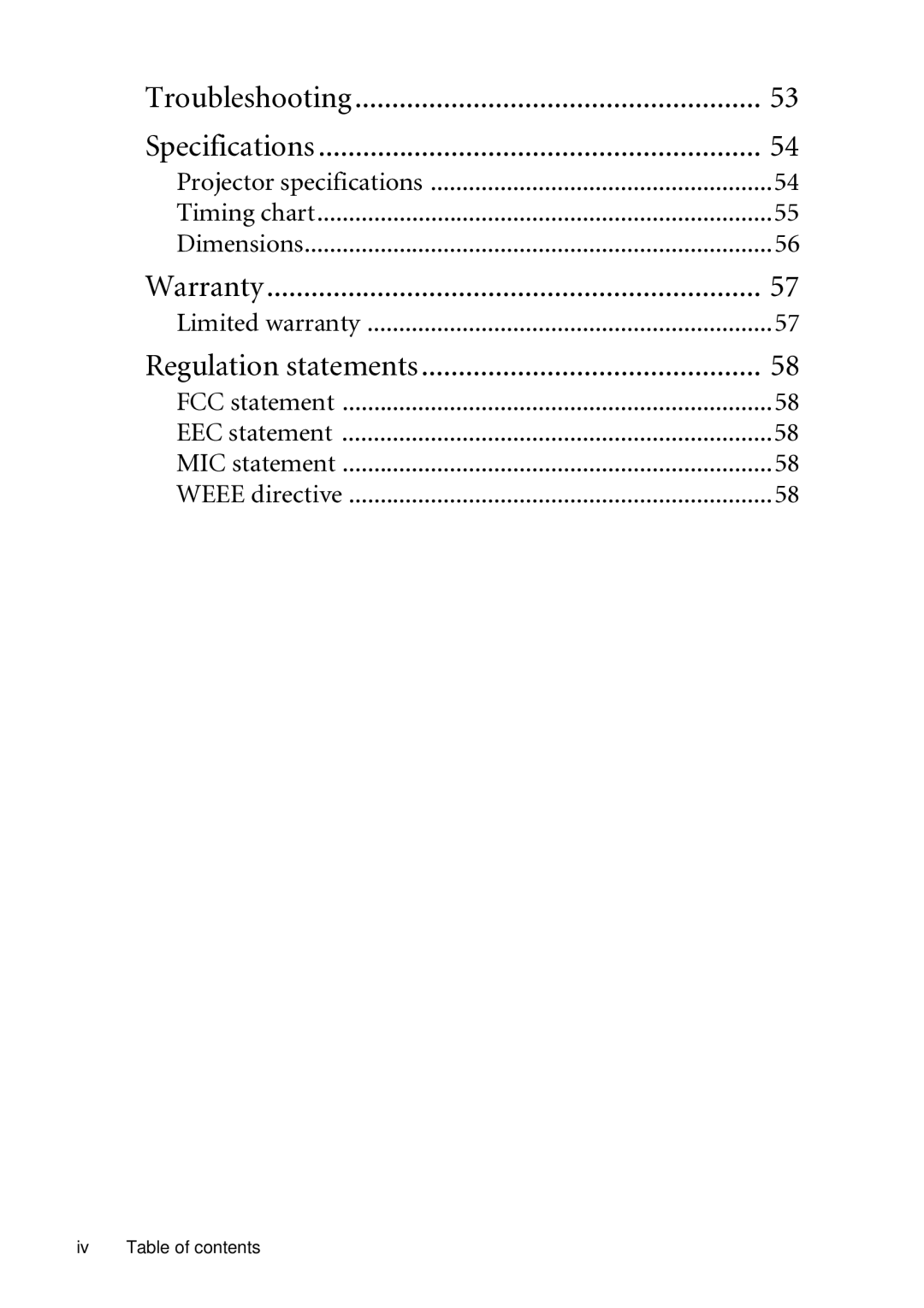 BenQ MP721C user manual Iv Table of contents 