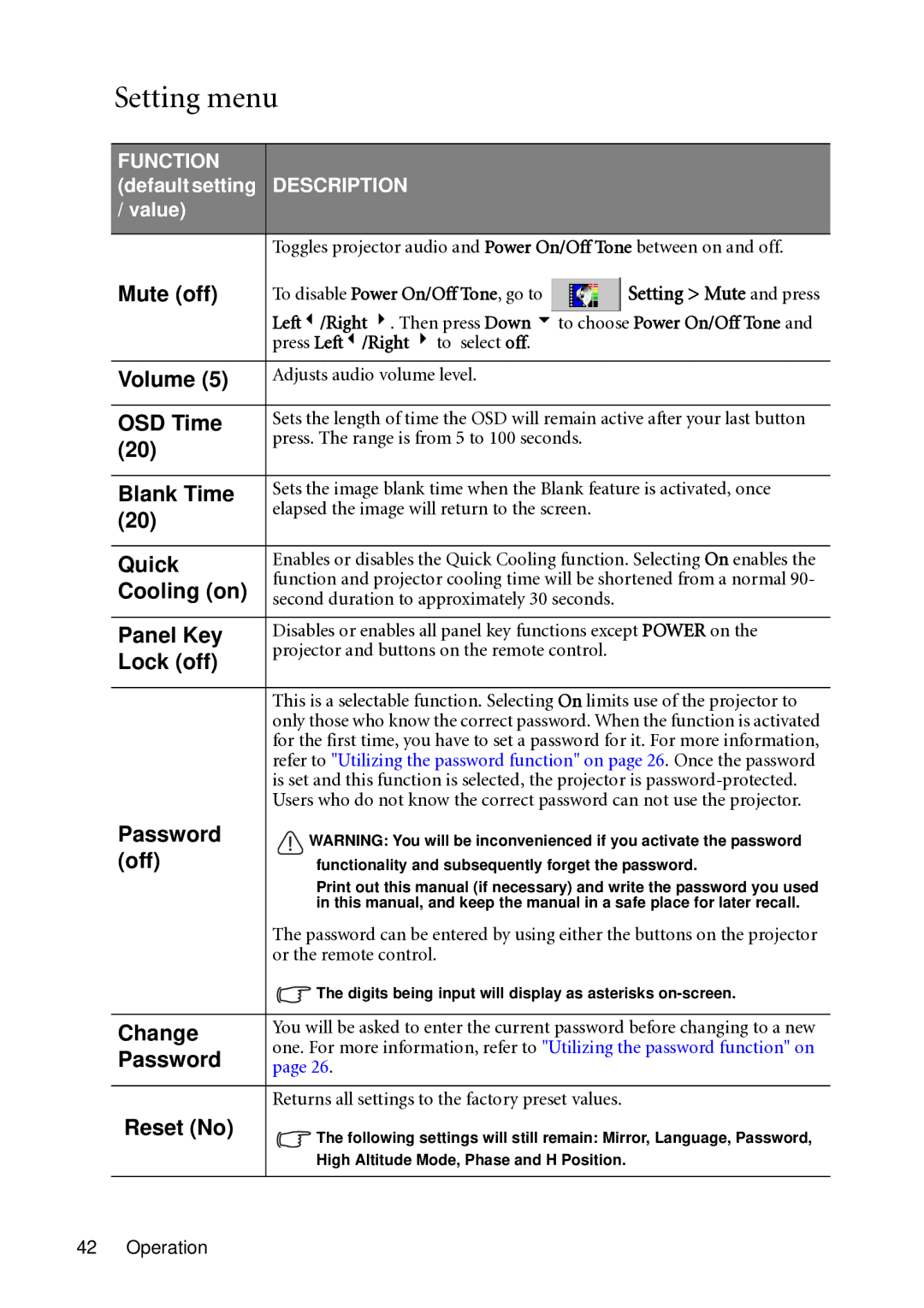 BenQ MP721C user manual Setting menu 