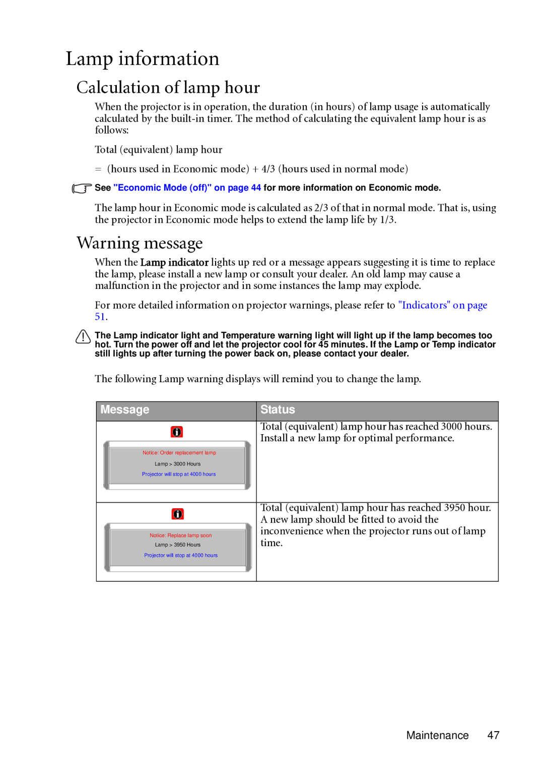 BenQ MP721C user manual Lamp information, Calculation of lamp hour, Install a new lamp for optimal performance, Time 