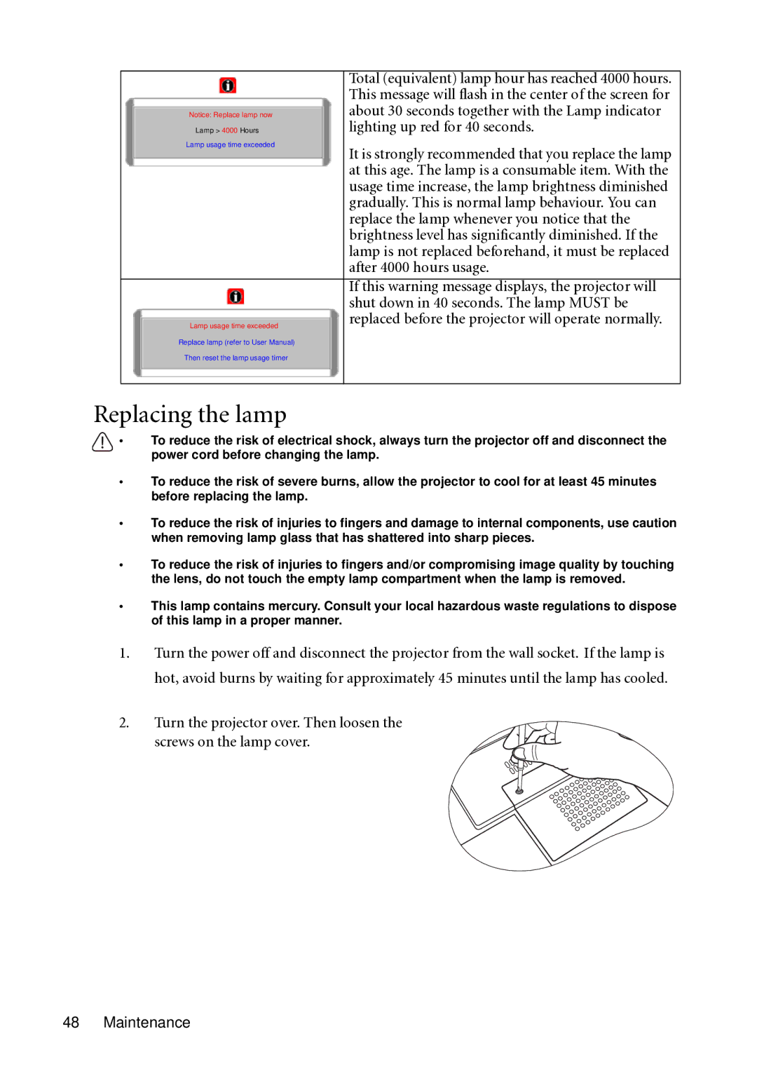 BenQ MP721C user manual Replacing the lamp 