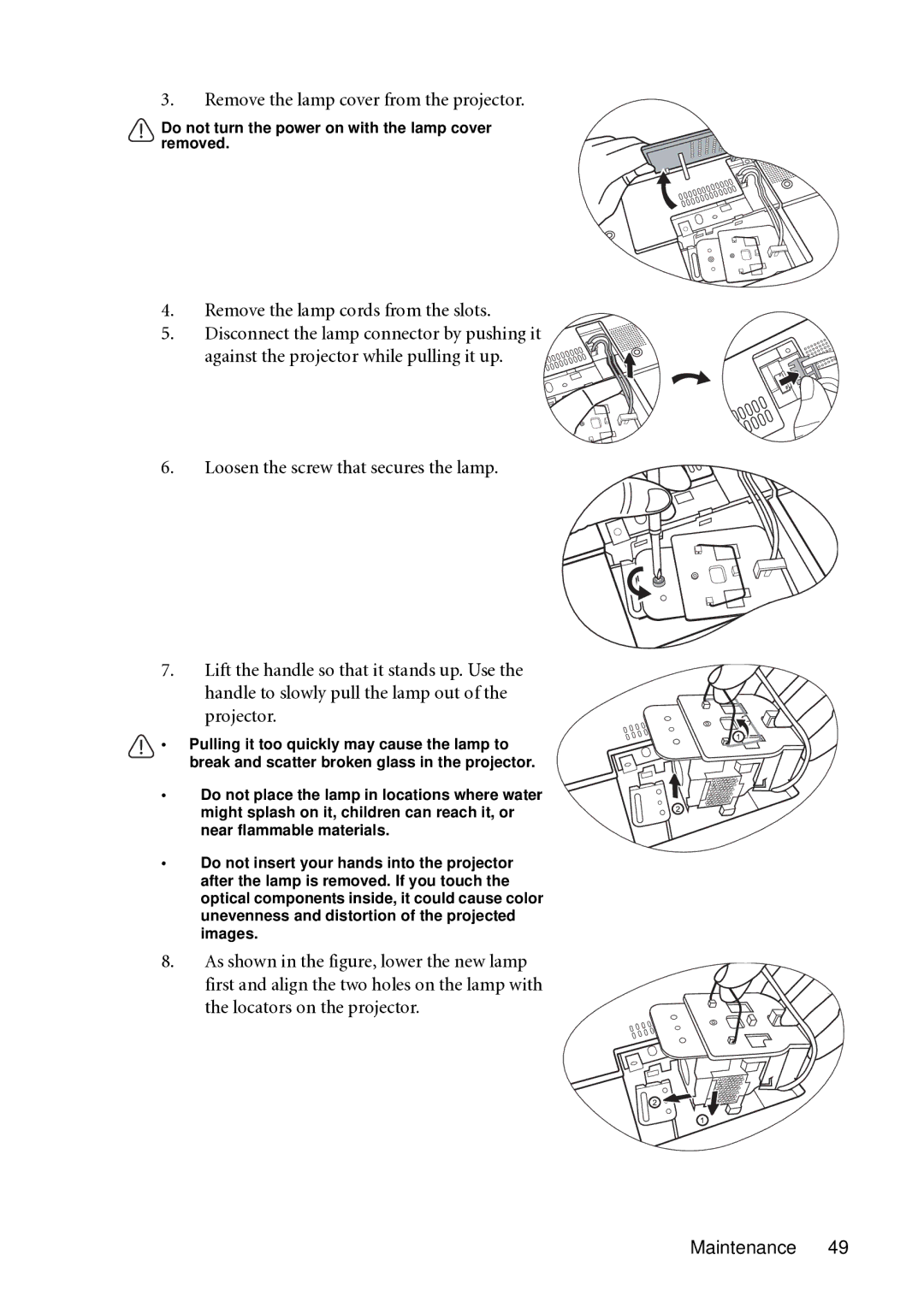 BenQ MP721C user manual Remove the lamp cover from the projector, Remove the lamp cords from the slots 