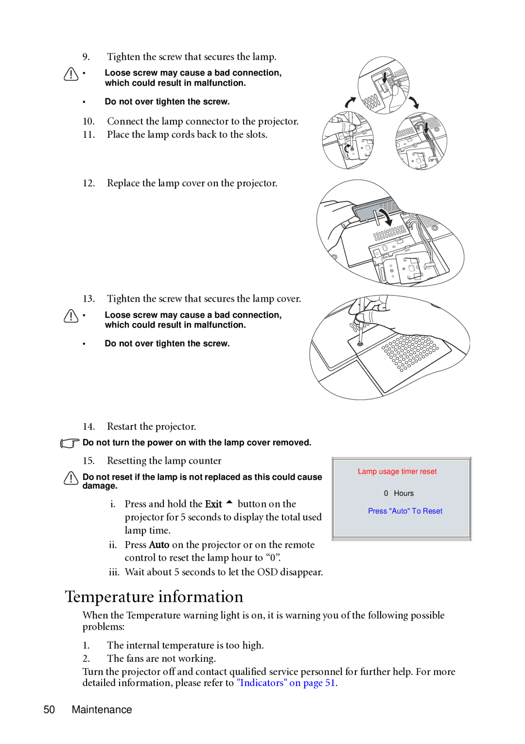 BenQ MP721C user manual Temperature information, Tighten the screw that secures the lamp, Restart the projector 