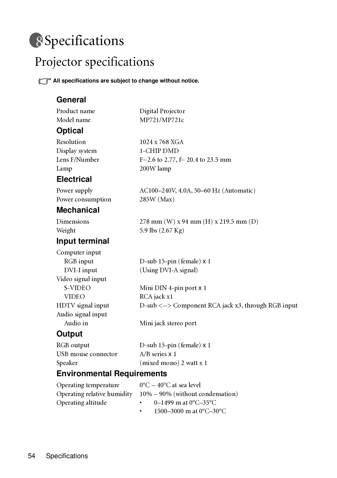 BenQ MP721C user manual Specifications, Projector specifications 