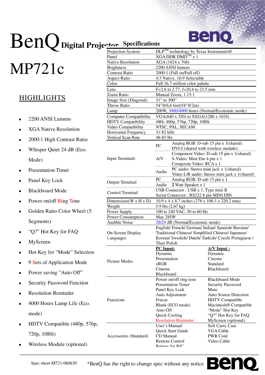 BenQ MP721C specifications MP721c, Highlights 