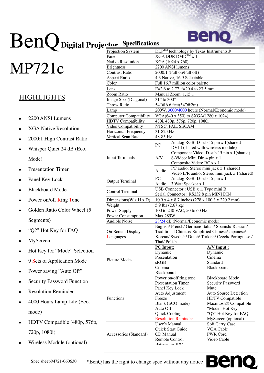 BenQ MP721C specifications MP721c, BenQDigital, Highlights, Projector Specifications 