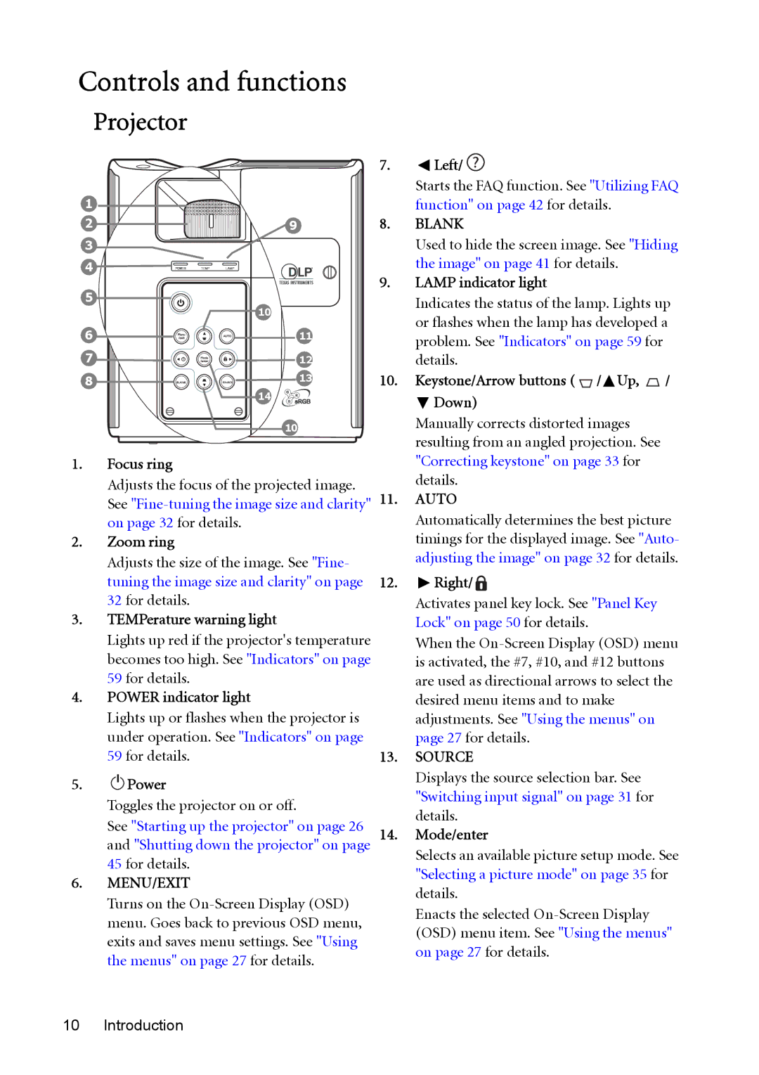 BenQ MP723 user manual Controls and functions, Projector 