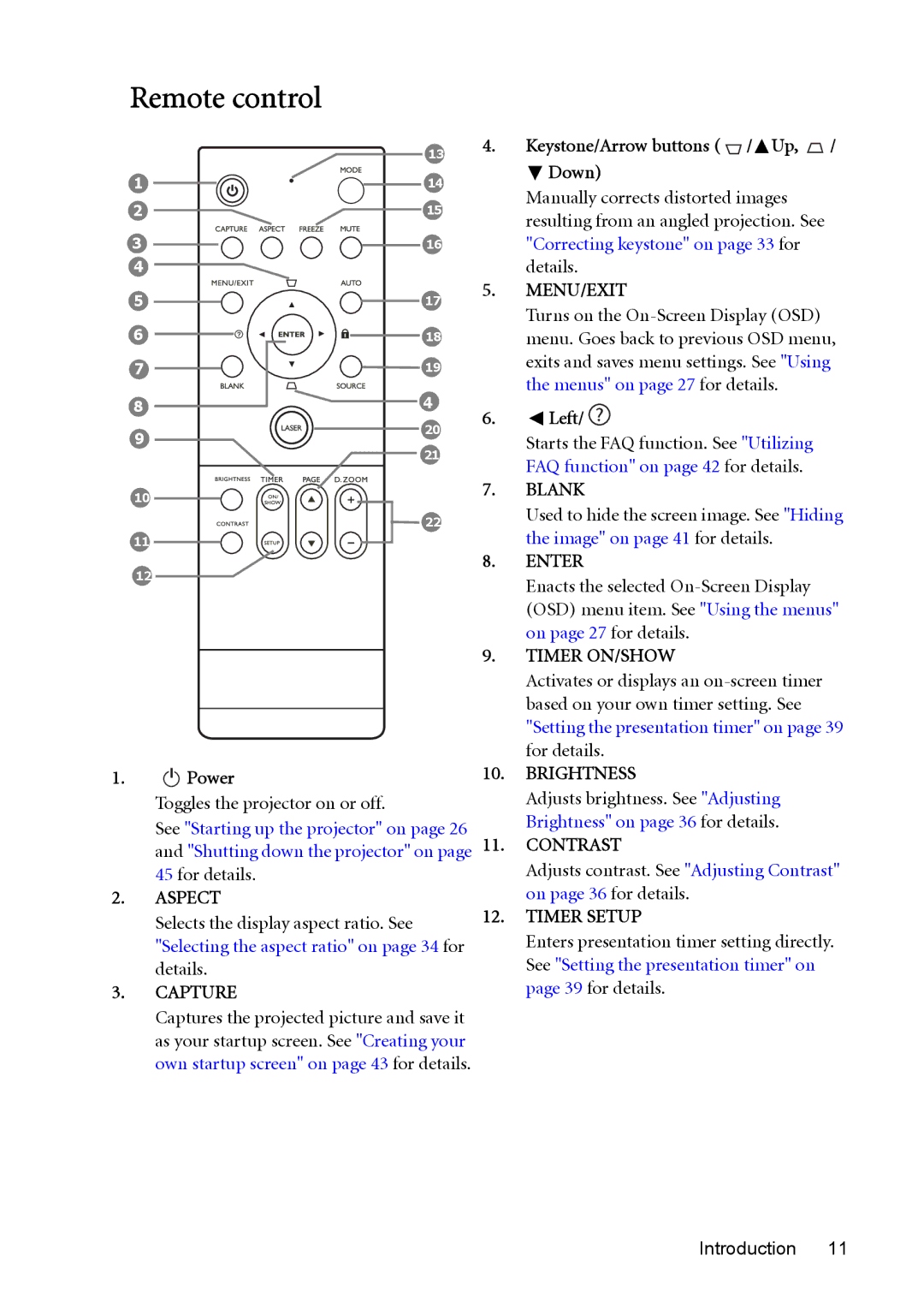 BenQ MP723 user manual Remote control, Capture 