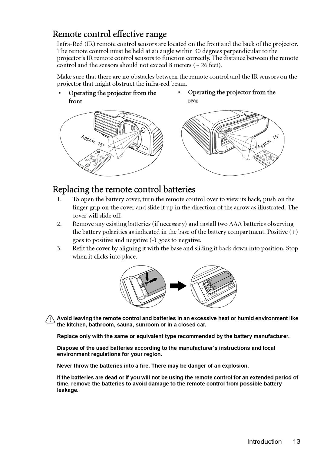 BenQ MP723 user manual Remote control effective range, Replacing the remote control batteries, Approx.15 