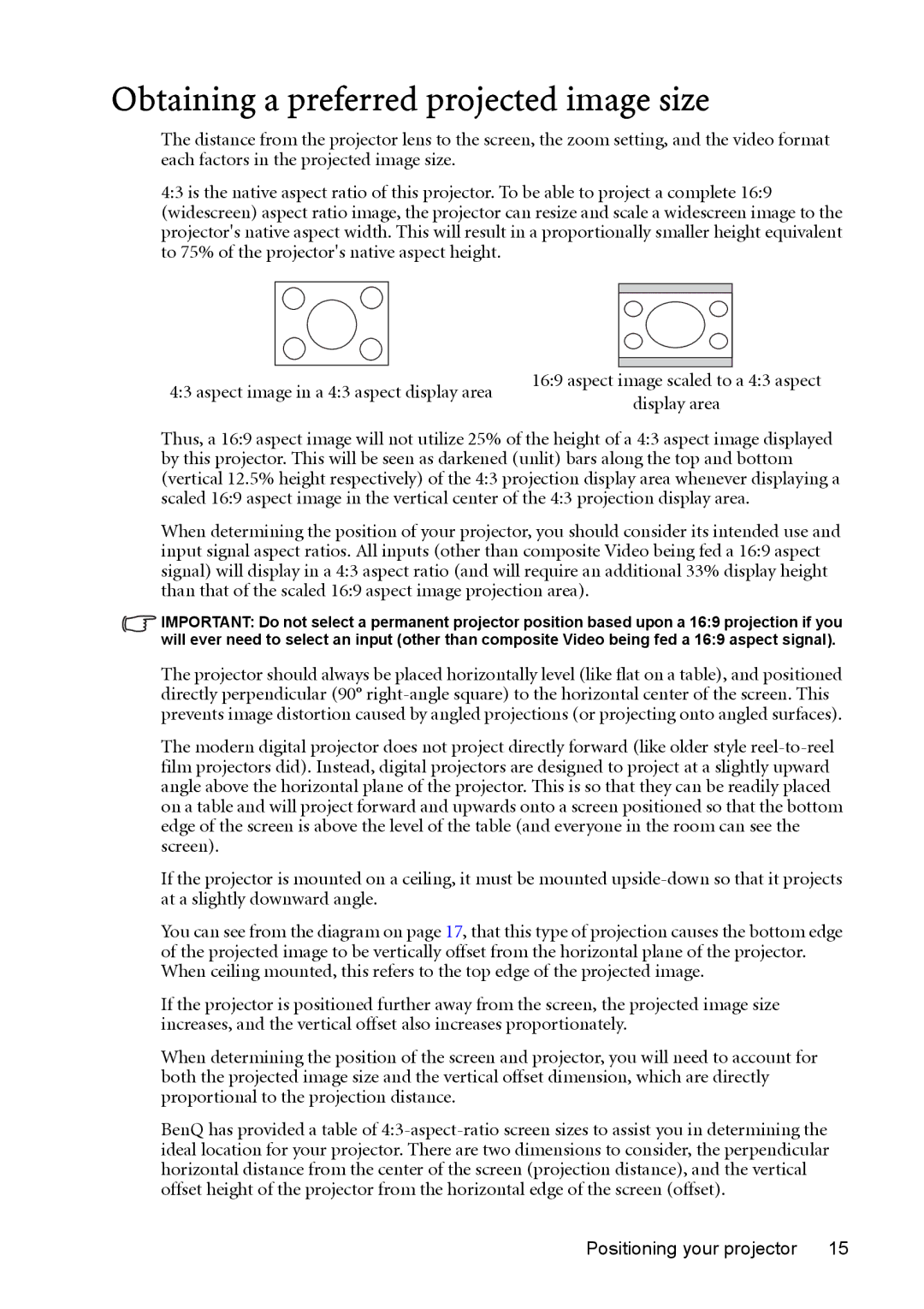 BenQ MP723 user manual Obtaining a preferred projected image size 