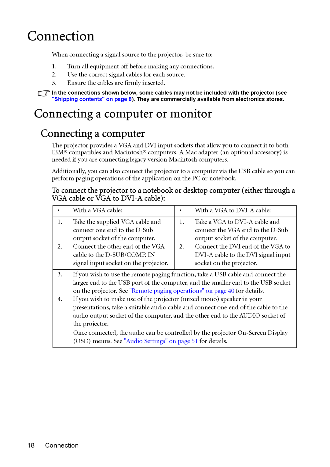 BenQ MP723 user manual Connection, Connecting a computer or monitor 