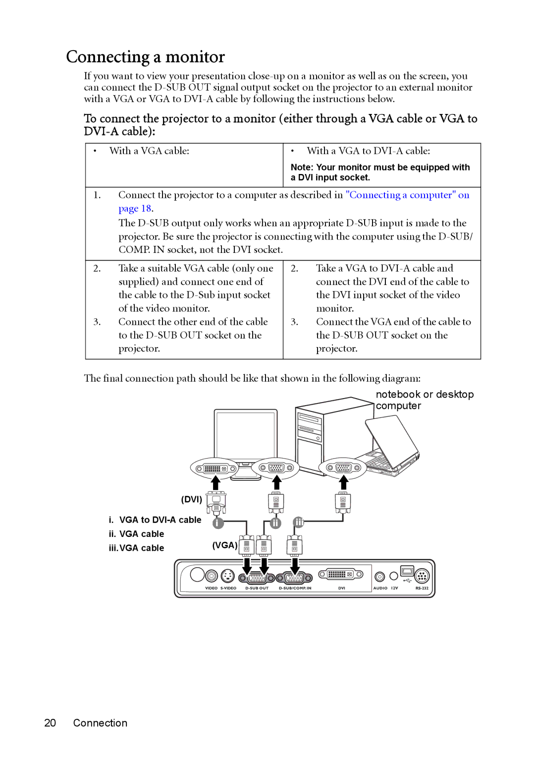 BenQ MP723 user manual Connecting a monitor, With a VGA cable With a VGA to DVI-A cable 