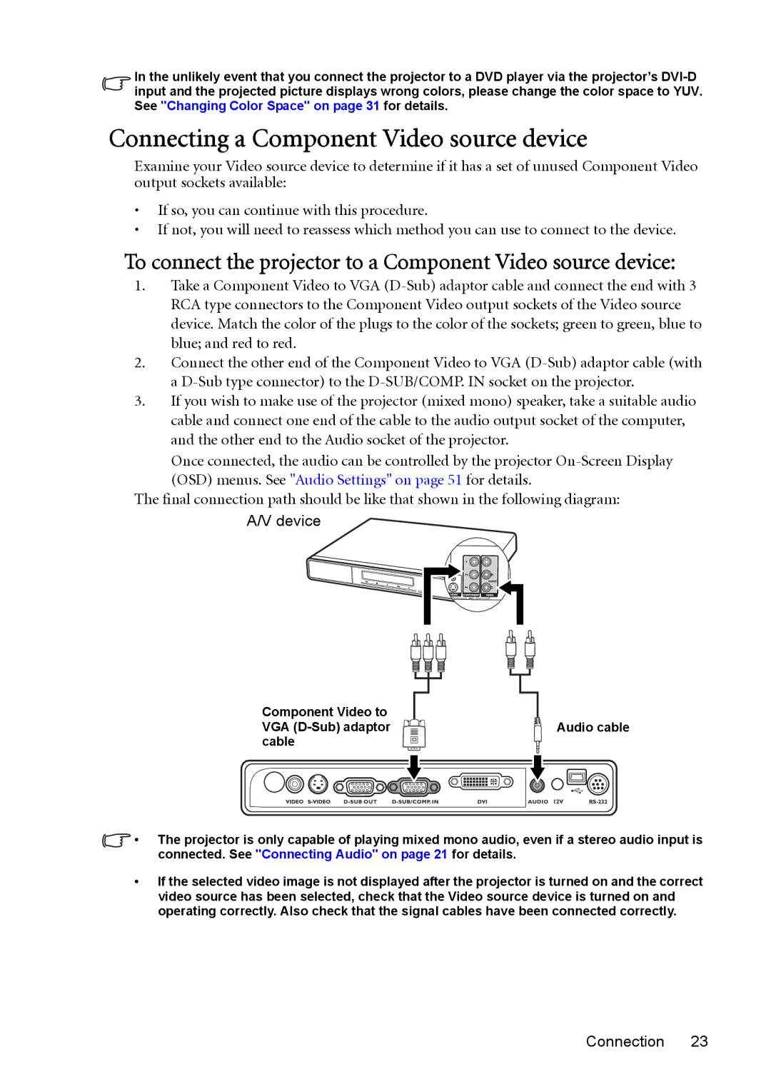 BenQ MP723 Connecting a Component Video source device, To connect the projector to a Component Video source device 