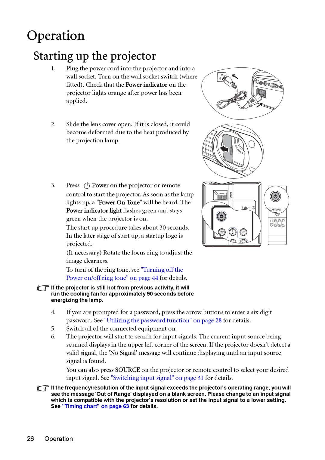 BenQ MP723 user manual Operation, Starting up the projector, Projection lamp Press I I Power on the projector or remote 