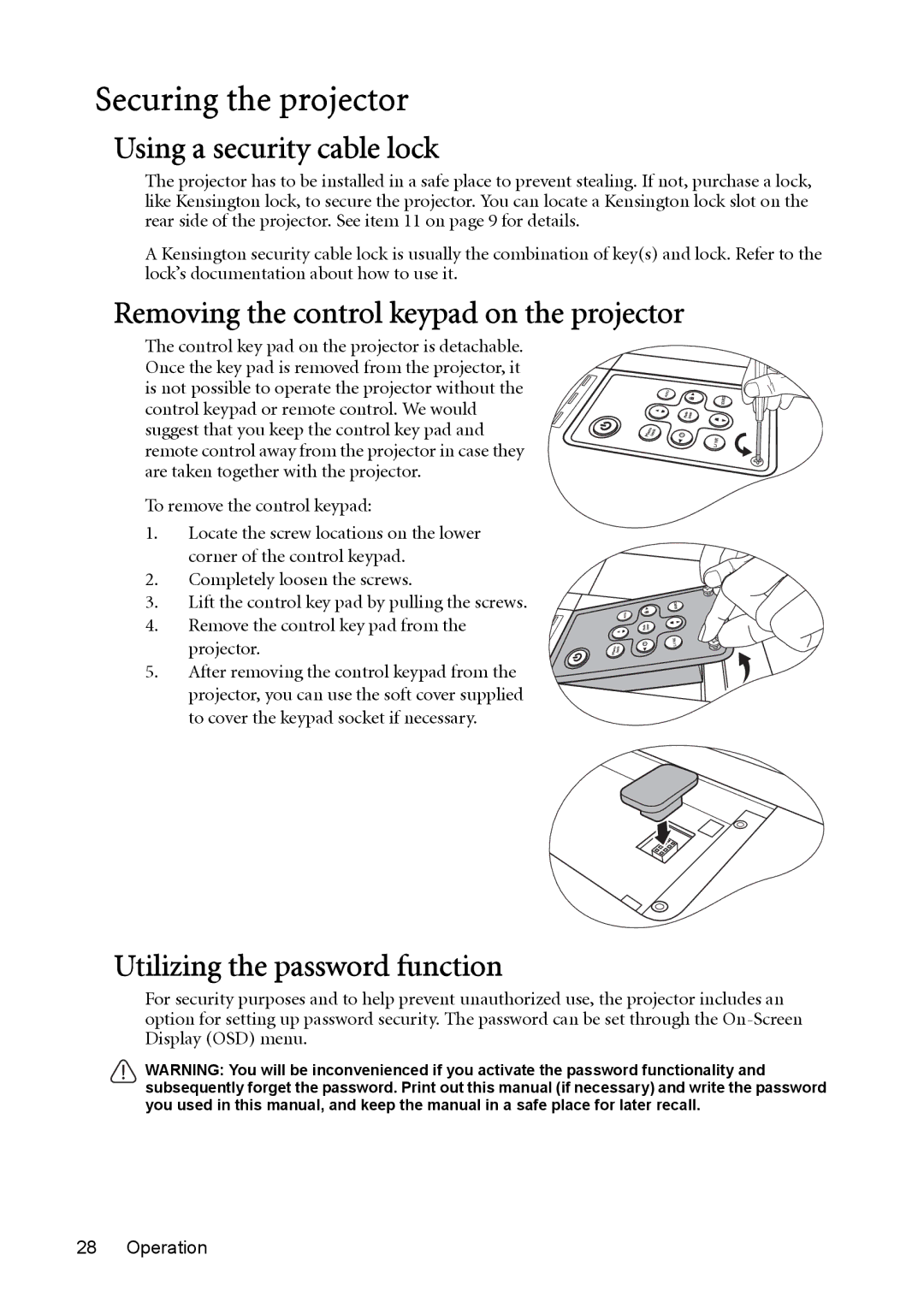 BenQ MP723 user manual Securing the projector, Using a security cable lock, Removing the control keypad on the projector 