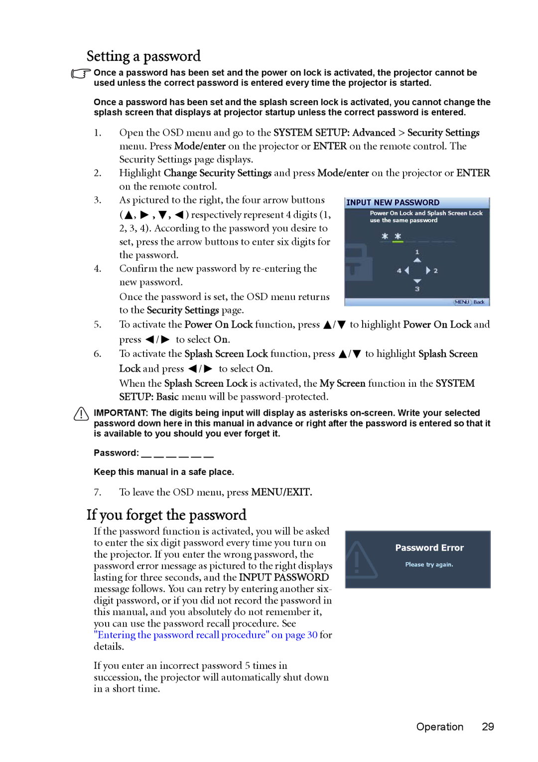 BenQ MP723 Setting a password, If you forget the password, Respectively represent 4 digits, To the Security Settings 