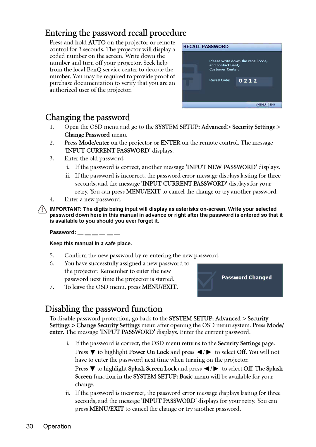 BenQ MP723 user manual Entering the password recall procedure, Changing the password, Disabling the password function 