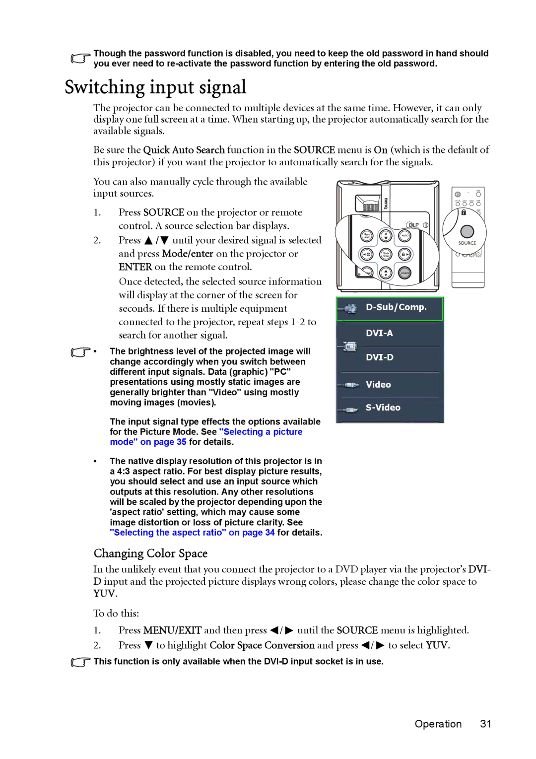 BenQ MP723 user manual Switching input signal, Changing Color Space 