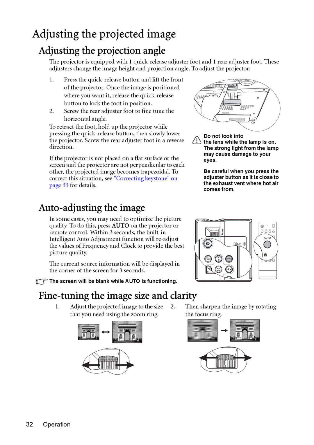 BenQ MP723 user manual Adjusting the projected image, Adjusting the projection angle, Auto-adjusting the image 