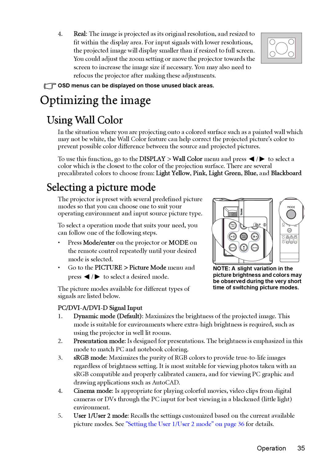 BenQ MP723 user manual Optimizing the image, Using Wall Color, Selecting a picture mode, PC/DVI-A/DVI-D Signal Input 