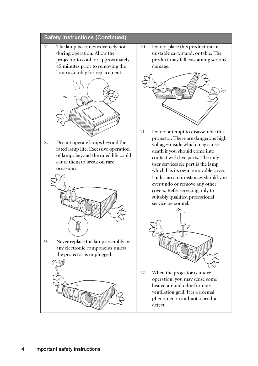 BenQ MP723 user manual Safety Instructions 