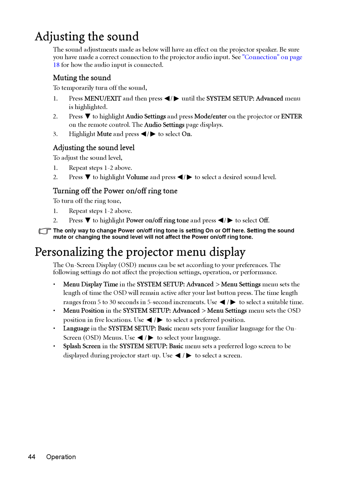 BenQ MP723 user manual Personalizing the projector menu display, Muting the sound, Adjusting the sound level 