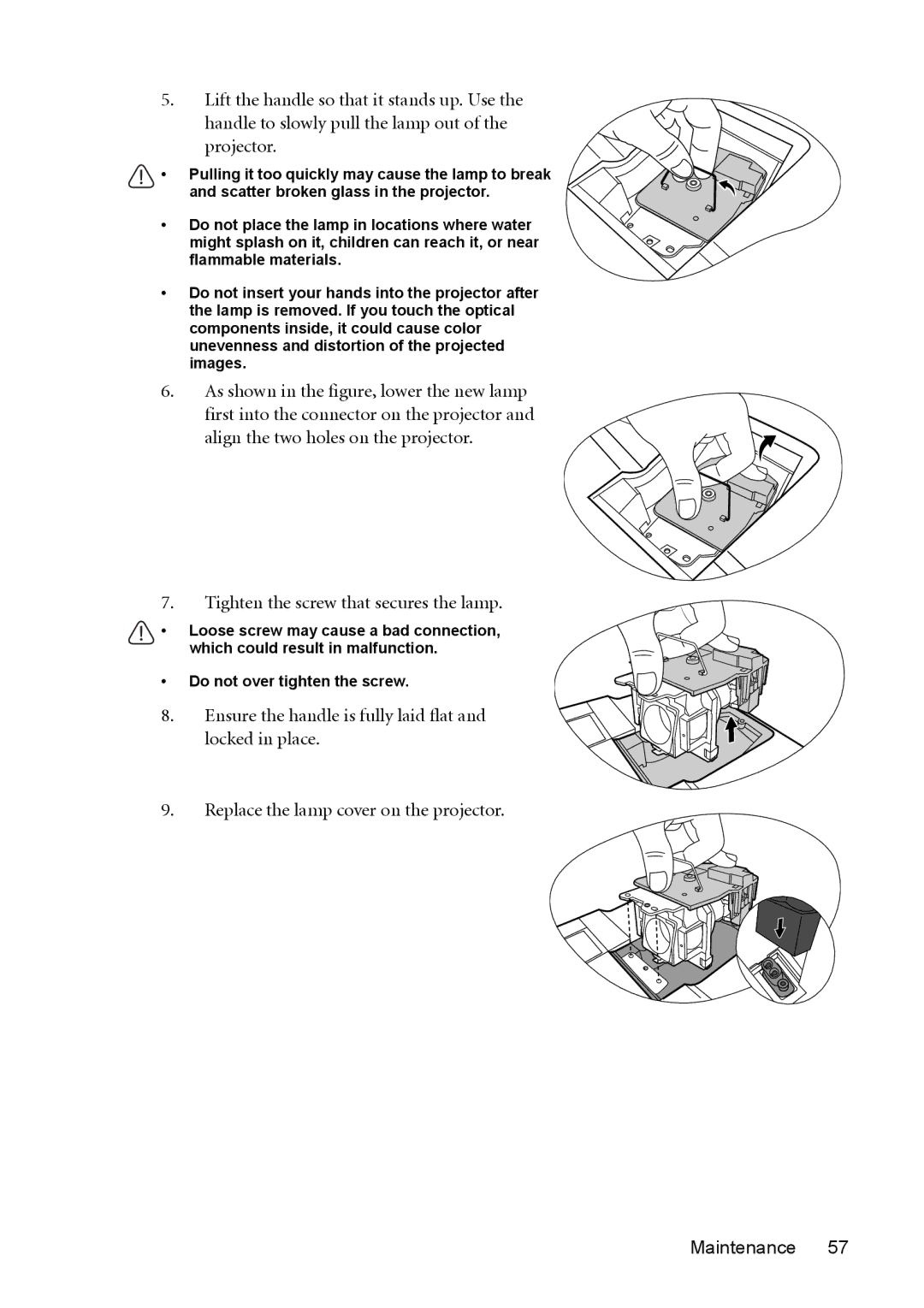 BenQ MP723 user manual Tighten the screw that secures the lamp 