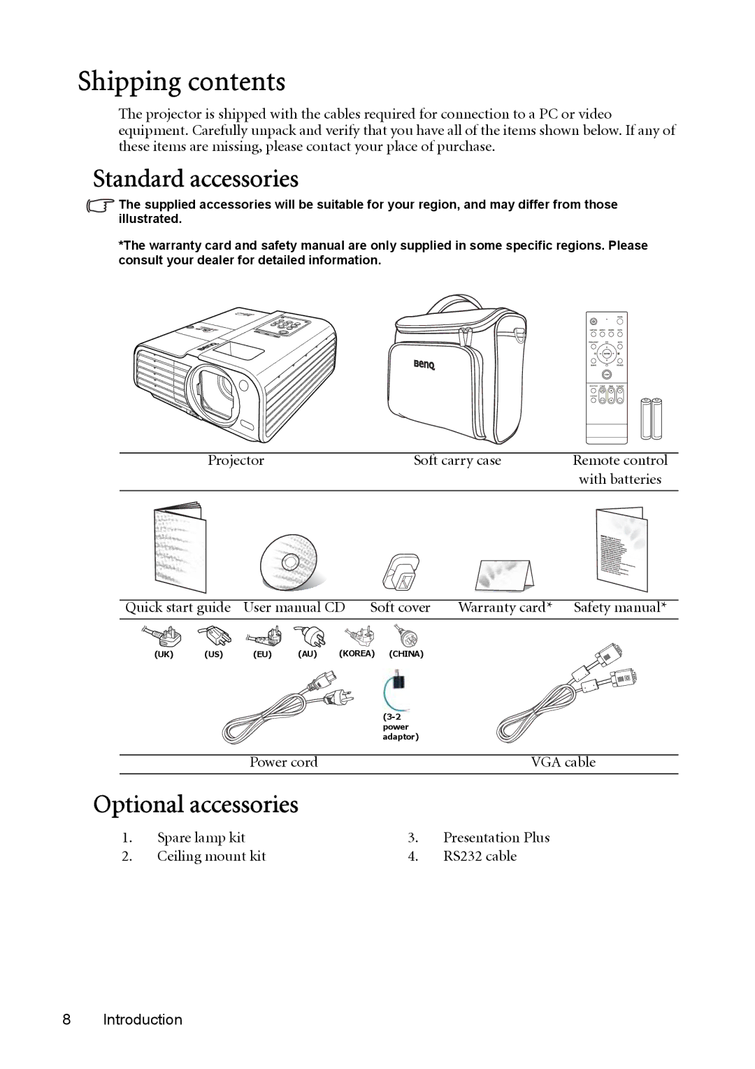 BenQ MP723 user manual Shipping contents 