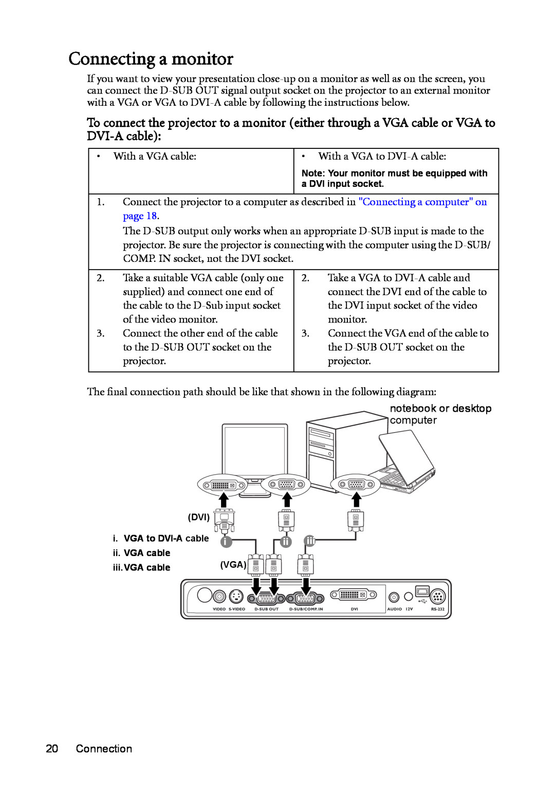 BenQ MP723 user manual Connecting a monitor, page 