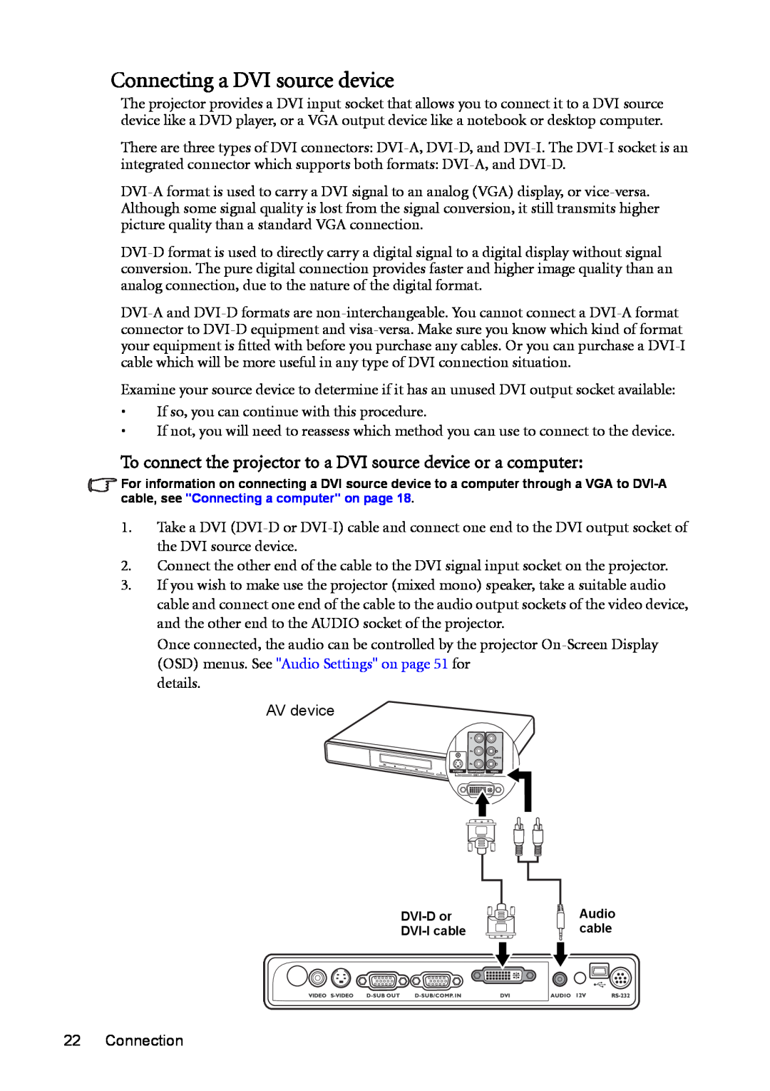 BenQ MP723 user manual Connecting a DVI source device, To connect the projector to a DVI source device or a computer 