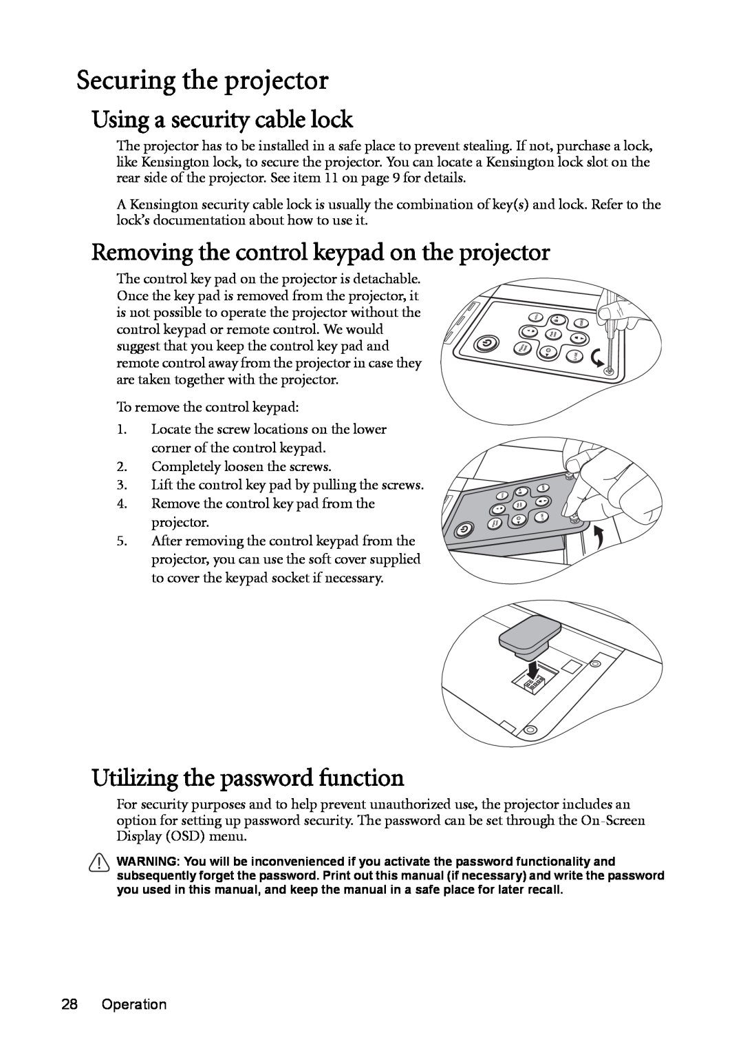 BenQ MP723 user manual Securing the projector, Using a security cable lock, Removing the control keypad on the projector 