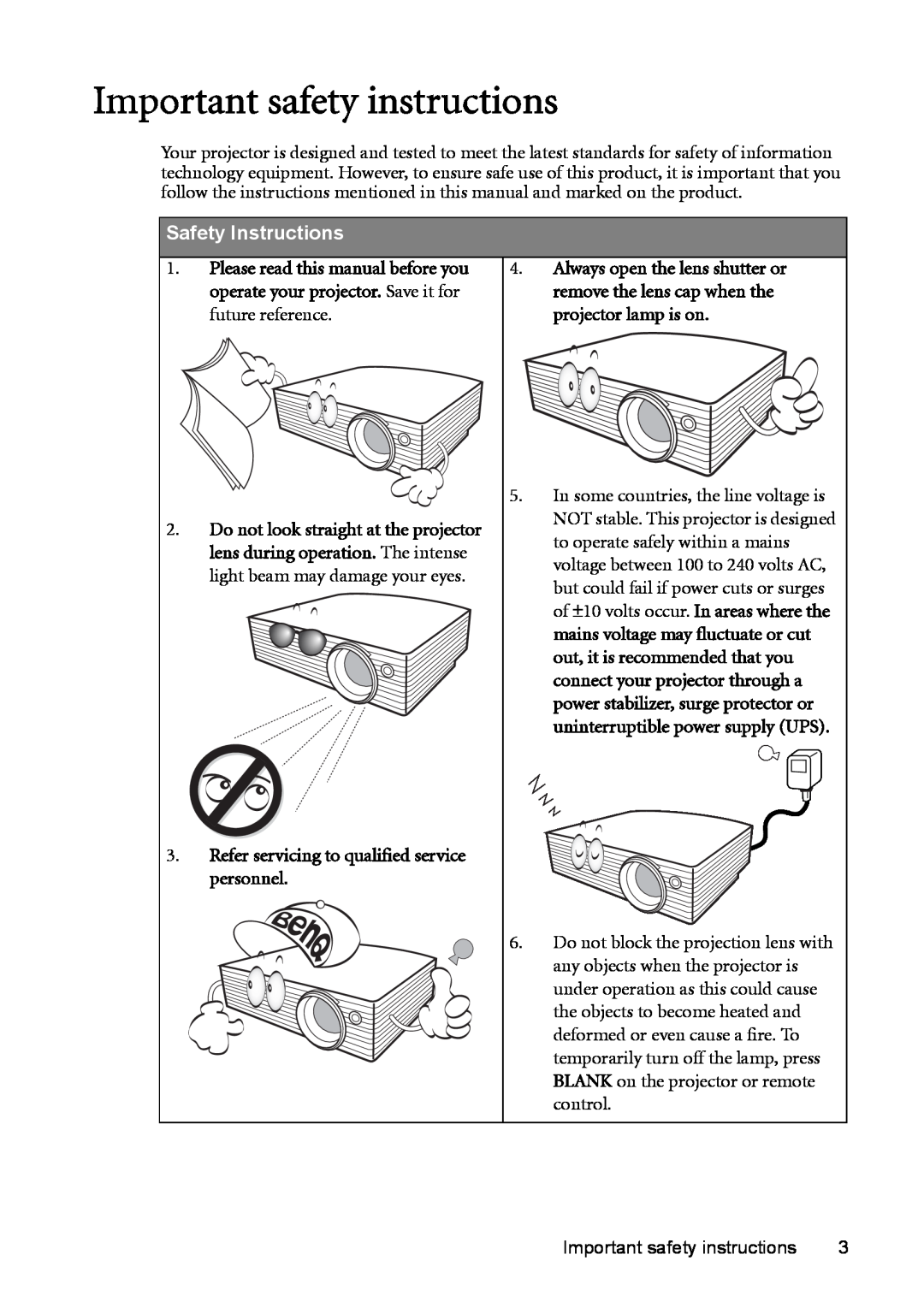 BenQ MP723 user manual Important safety instructions, Safety Instructions, operate your projector. Save it for 