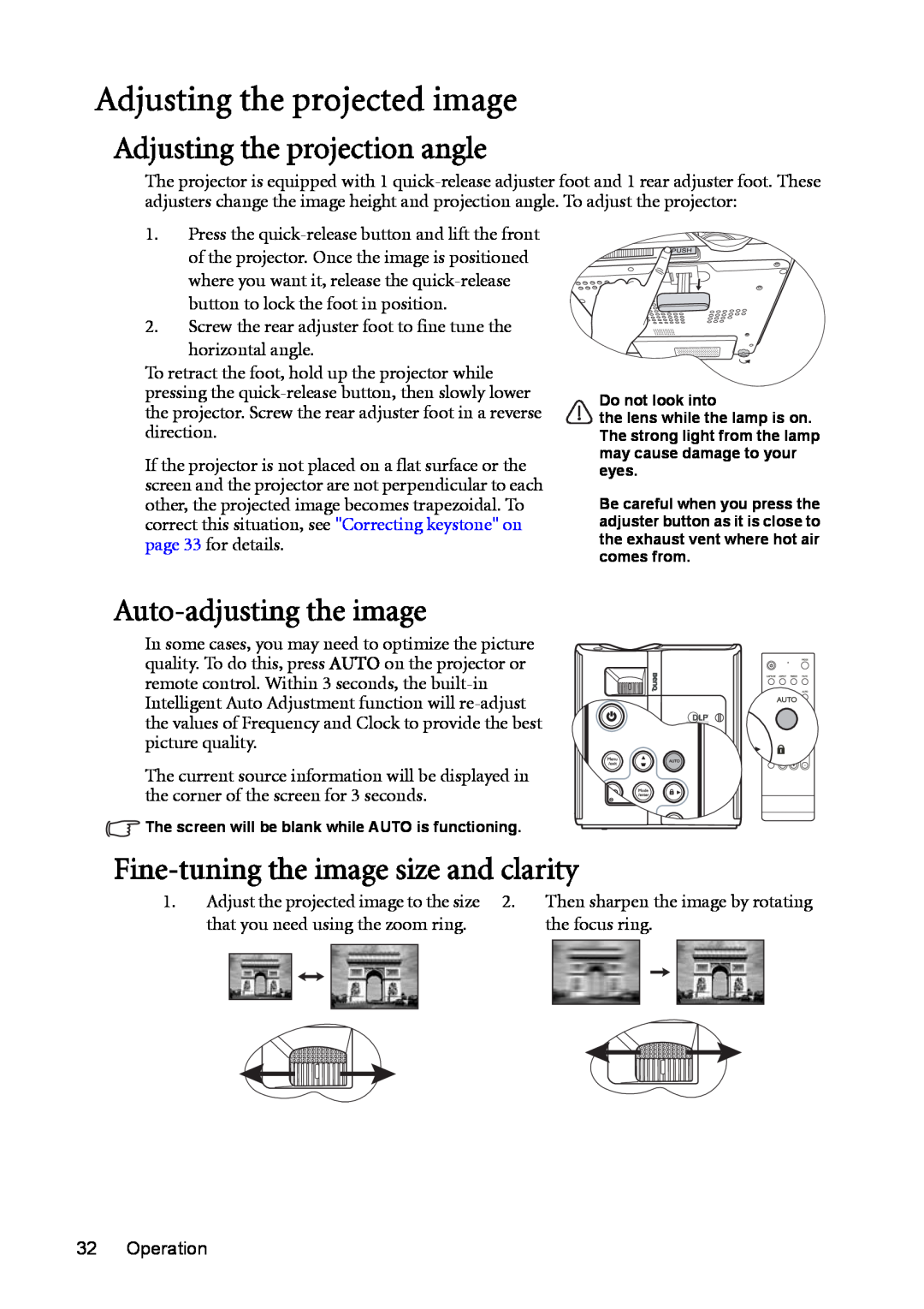 BenQ MP723 user manual Adjusting the projected image, Adjusting the projection angle, Auto-adjusting the image 