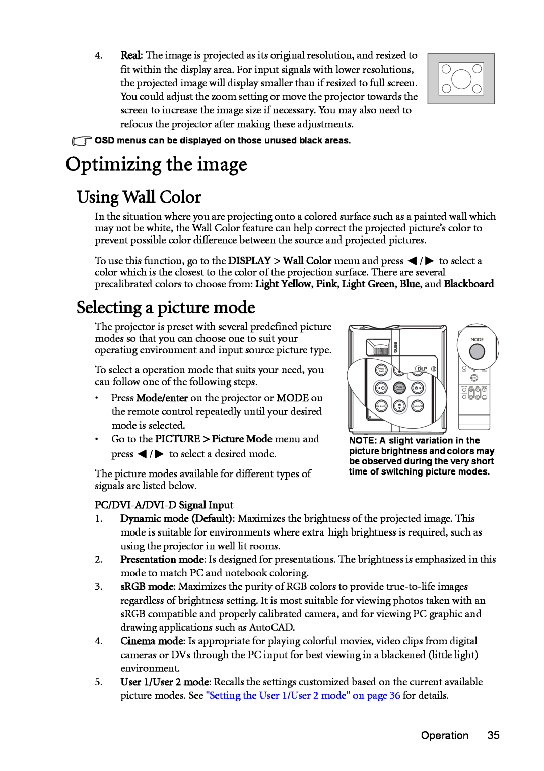 BenQ MP723 user manual Optimizing the image, Using Wall Color, Selecting a picture mode 