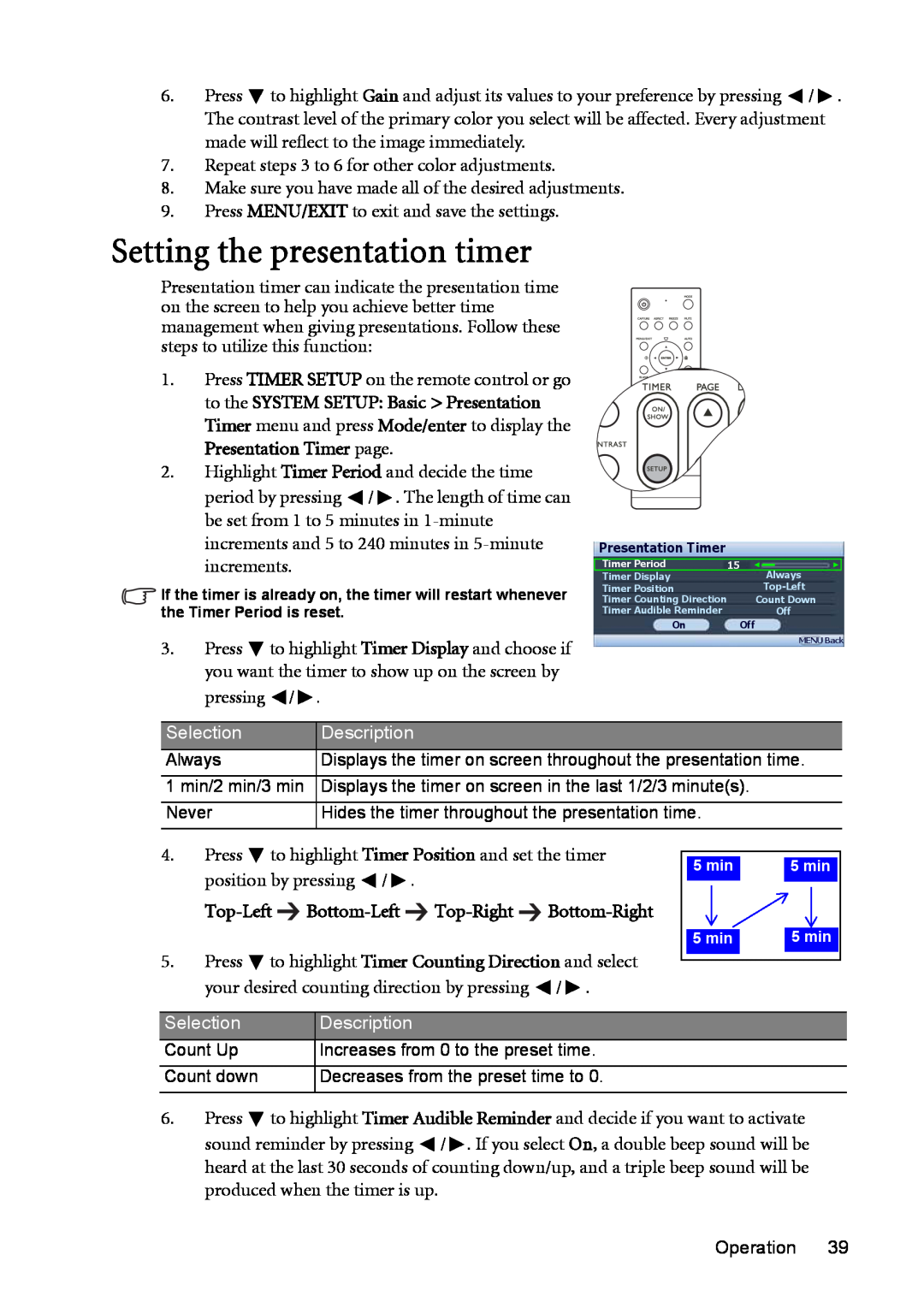 BenQ MP723 user manual Setting the presentation timer, Selection, Description 