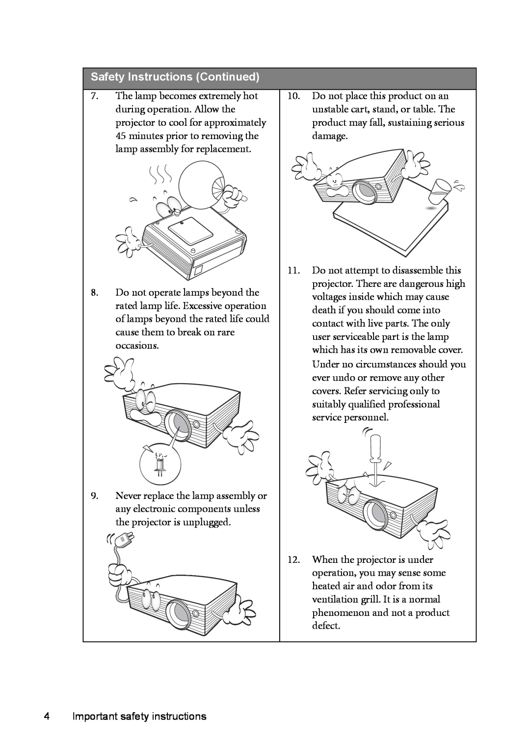 BenQ MP723 user manual Safety Instructions Continued 