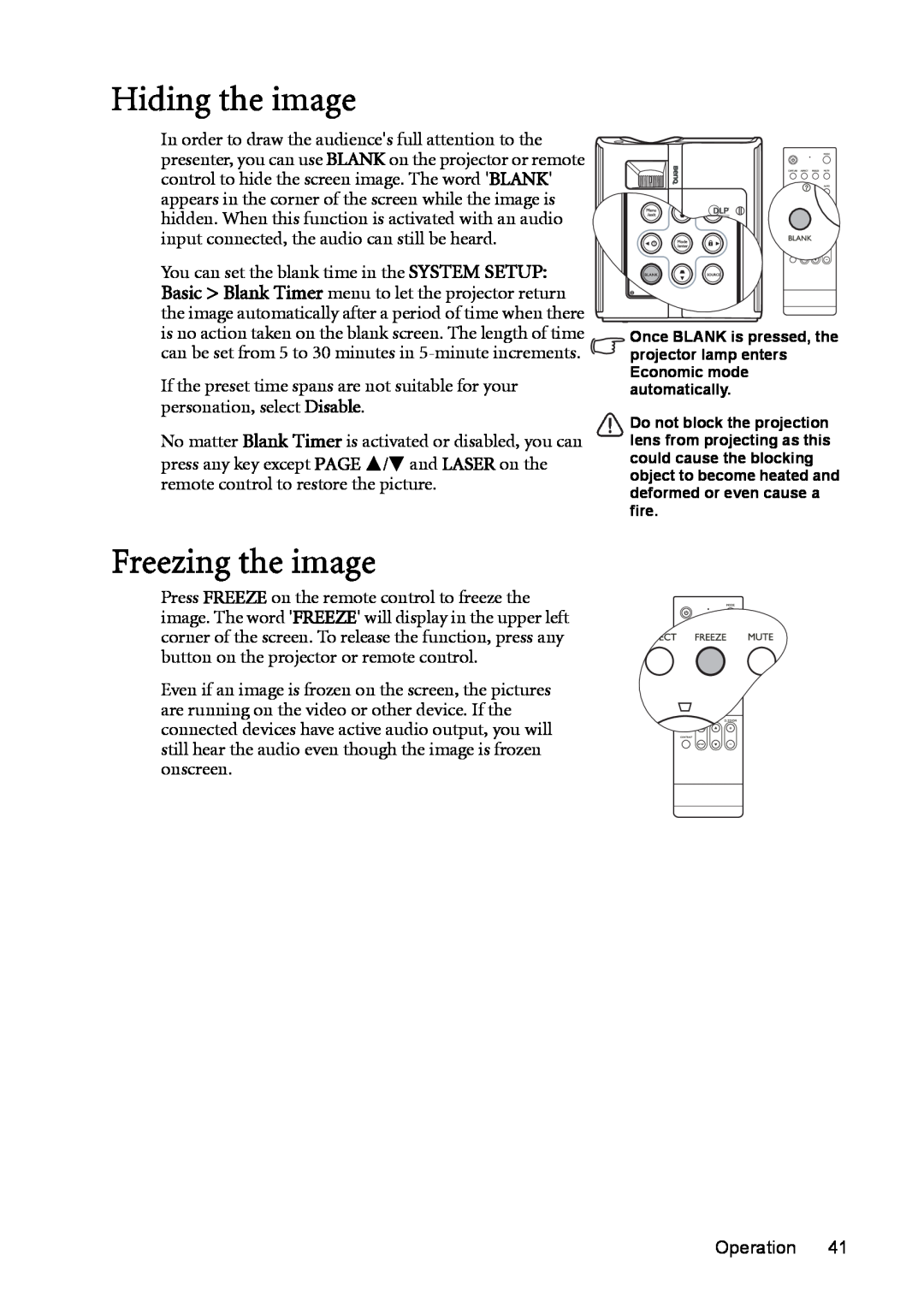 BenQ MP723 user manual Hiding the image, Freezing the image 