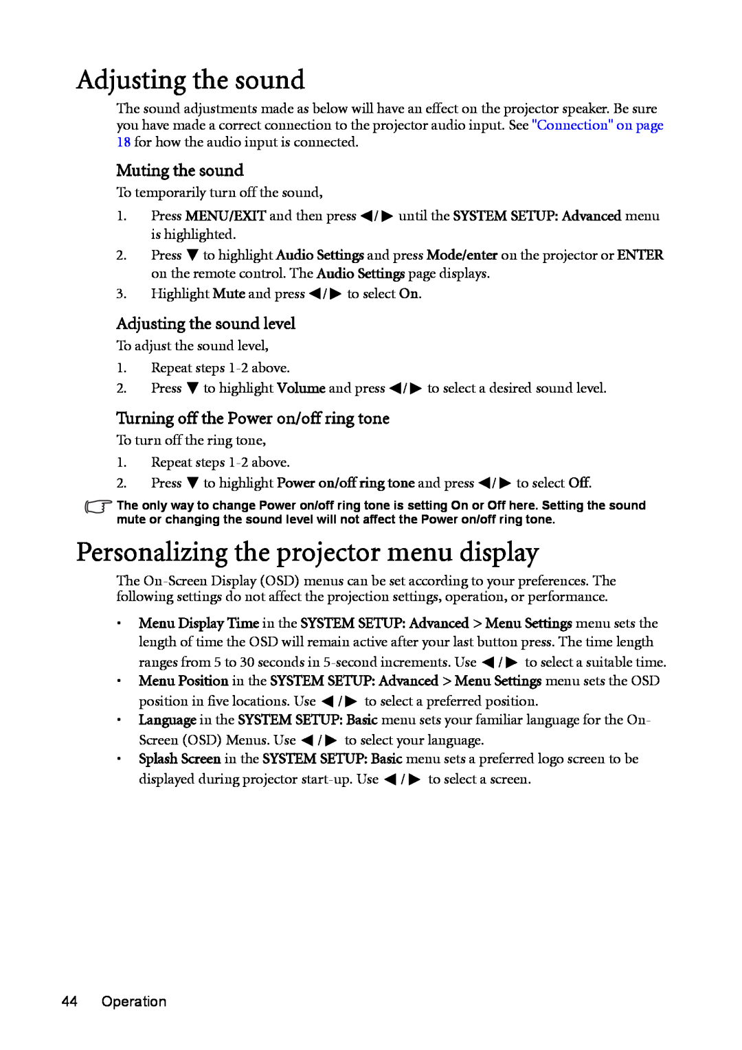 BenQ MP723 user manual Personalizing the projector menu display, Muting the sound, Adjusting the sound level 