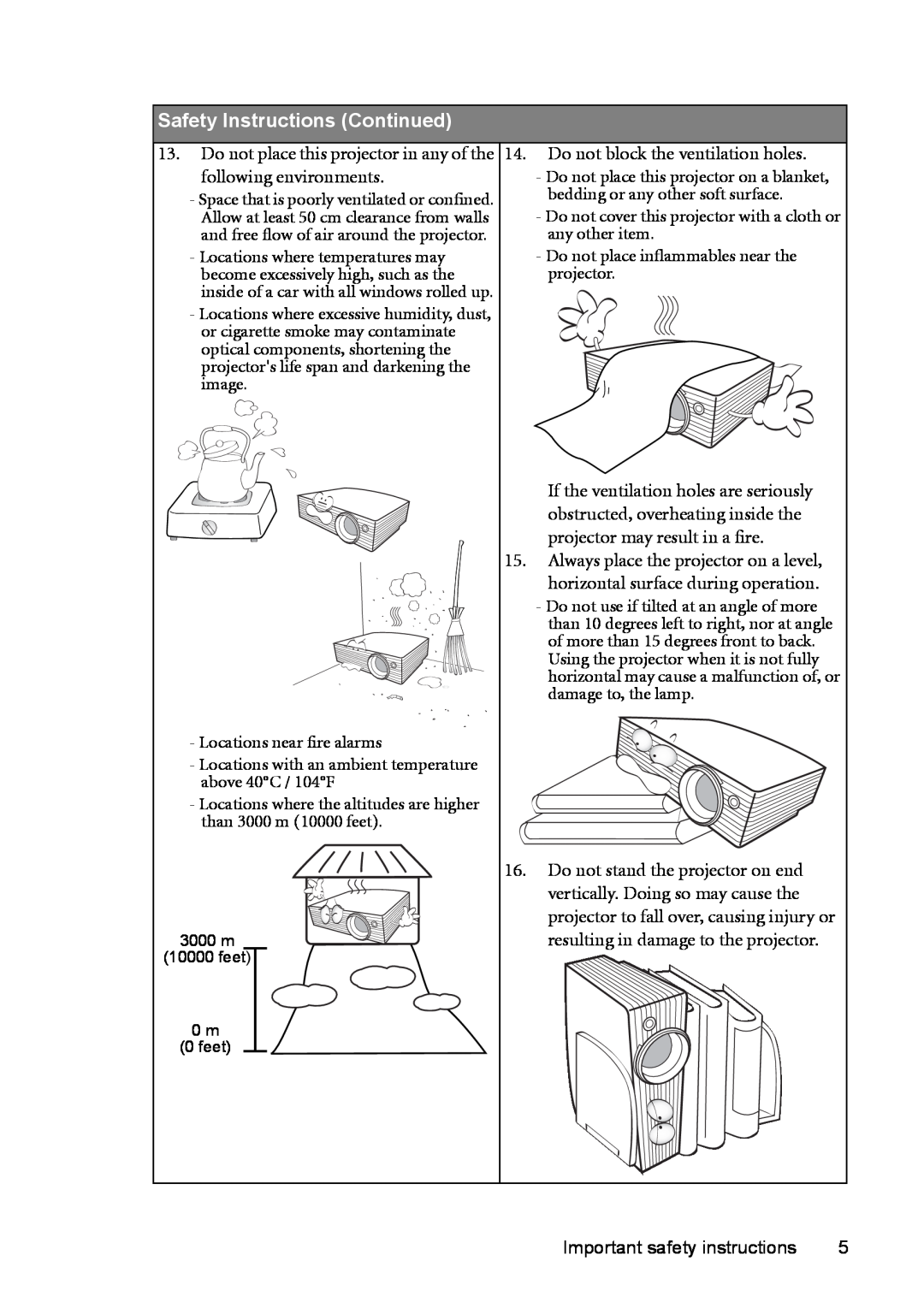 BenQ MP723 user manual Safety Instructions Continued, Space that is poorly ventilated or confined, 3000 m, feet 