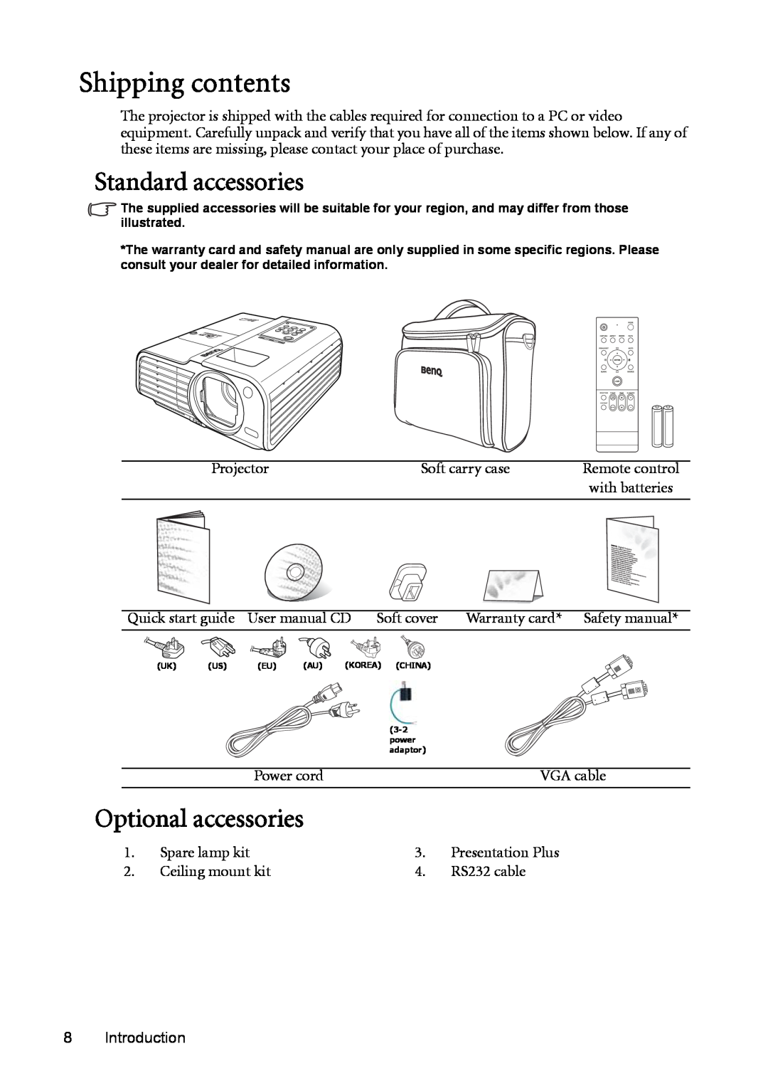 BenQ MP723 user manual Shipping contents, Standard accessories, Optional accessories 