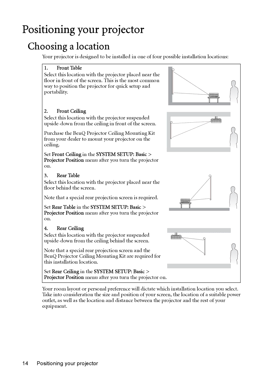 BenQ MP730 manual Positioning your projector, Choosing a location, Front Table, Front Ceiling 