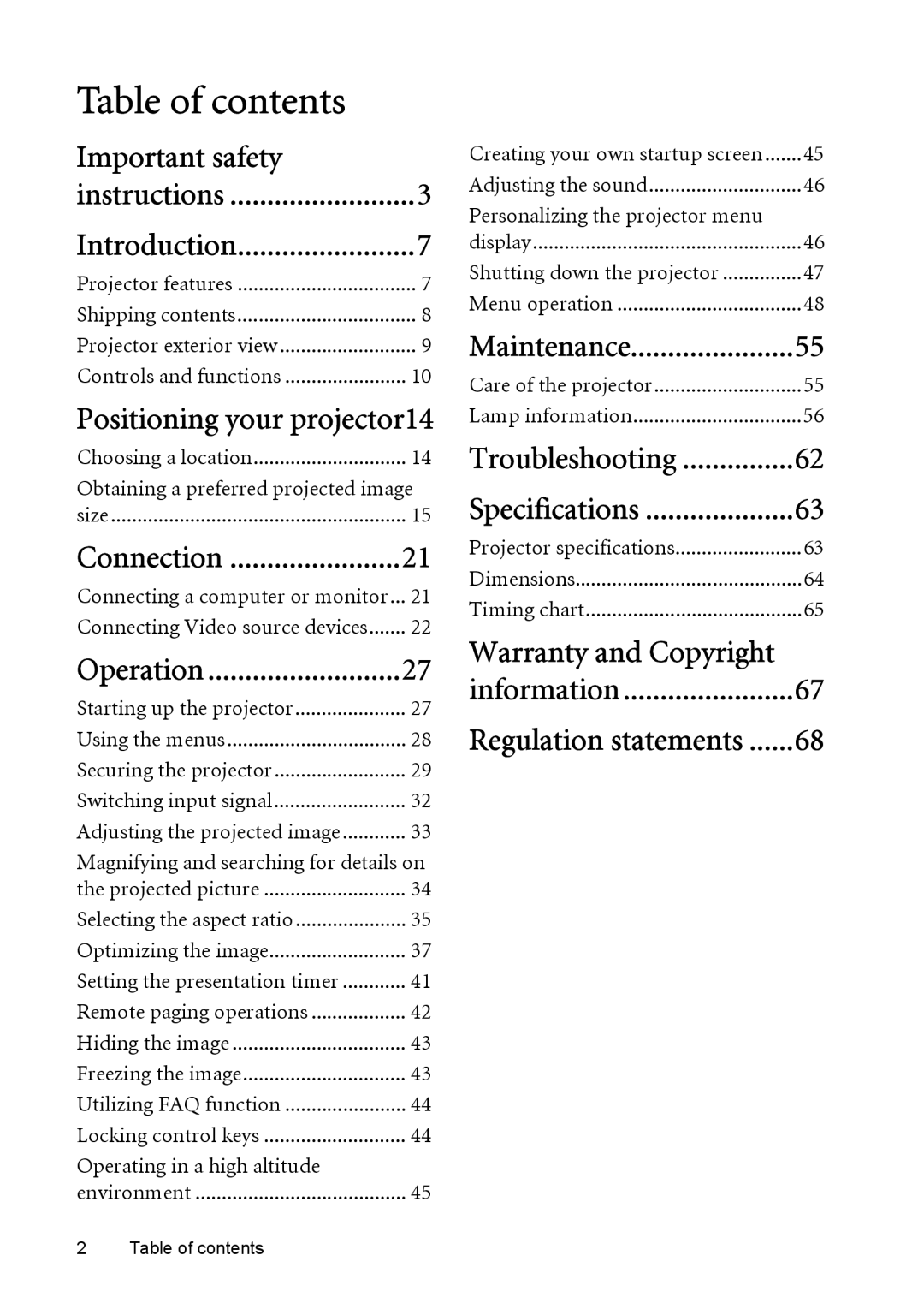 BenQ MP730 manual Table of contents 