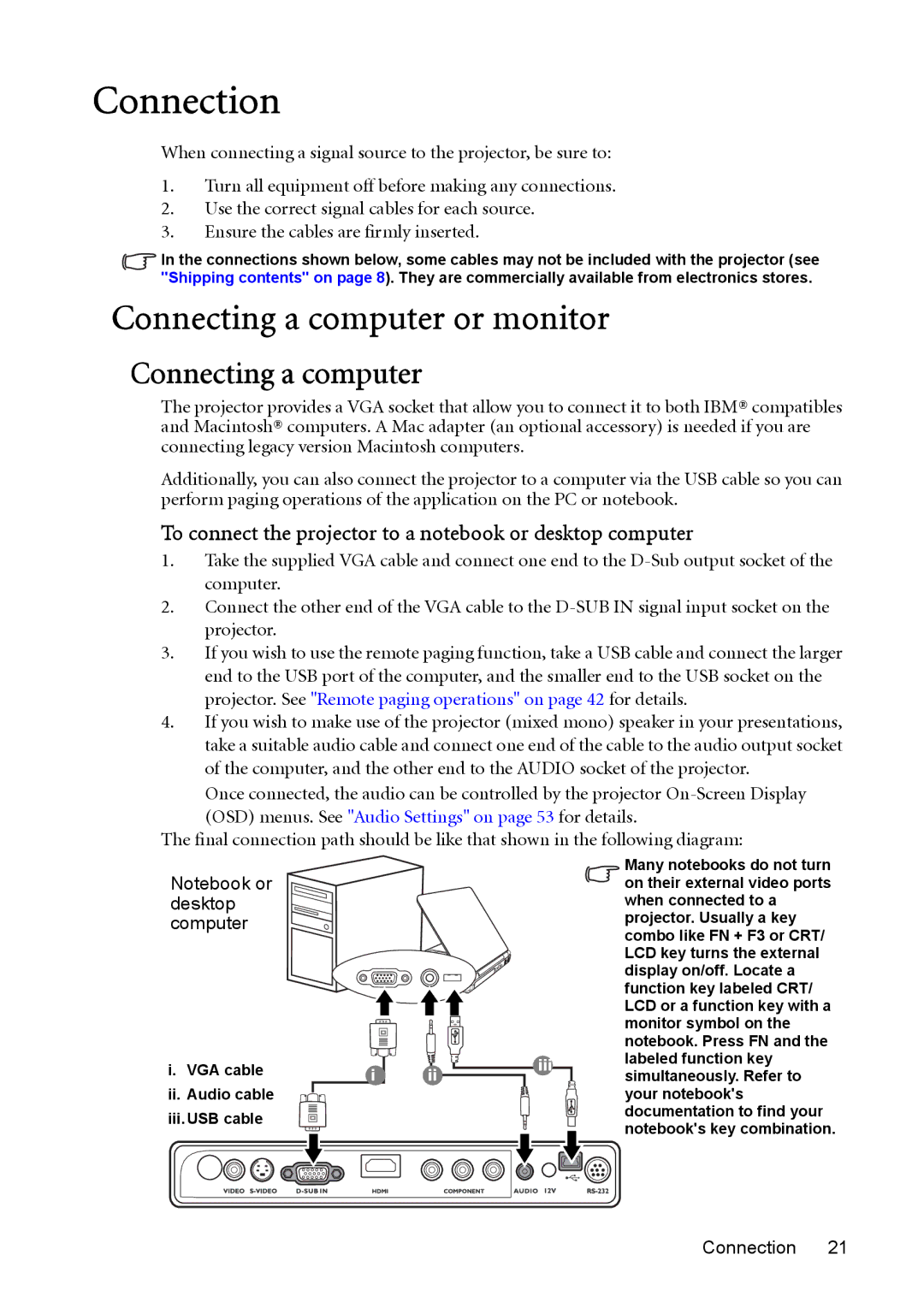 BenQ MP730 manual Connection, Connecting a computer or monitor, To connect the projector to a notebook or desktop computer 