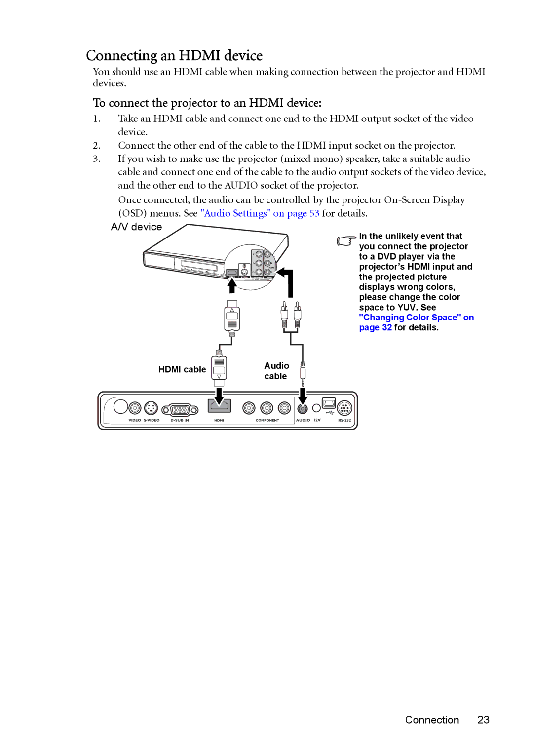 BenQ MP730 manual Connecting an Hdmi device, To connect the projector to an Hdmi device 