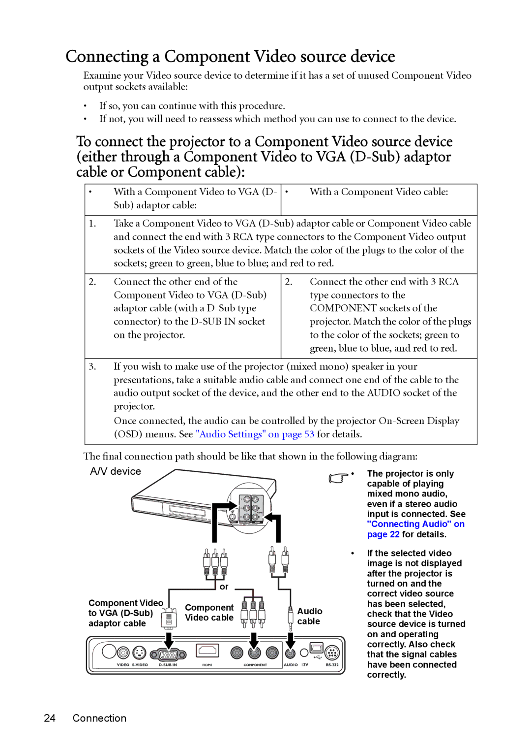 BenQ MP730 manual Connecting a Component Video source device, Device 