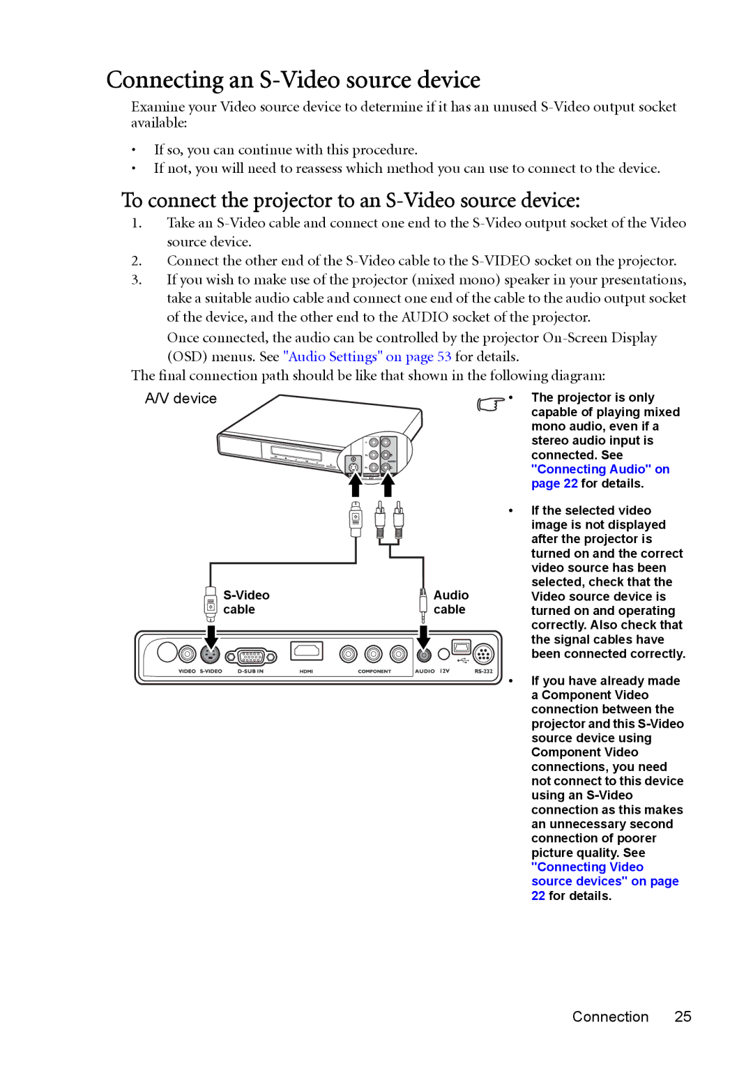 BenQ MP730 manual Connecting an S-Video source device, To connect the projector to an S-Video source device 