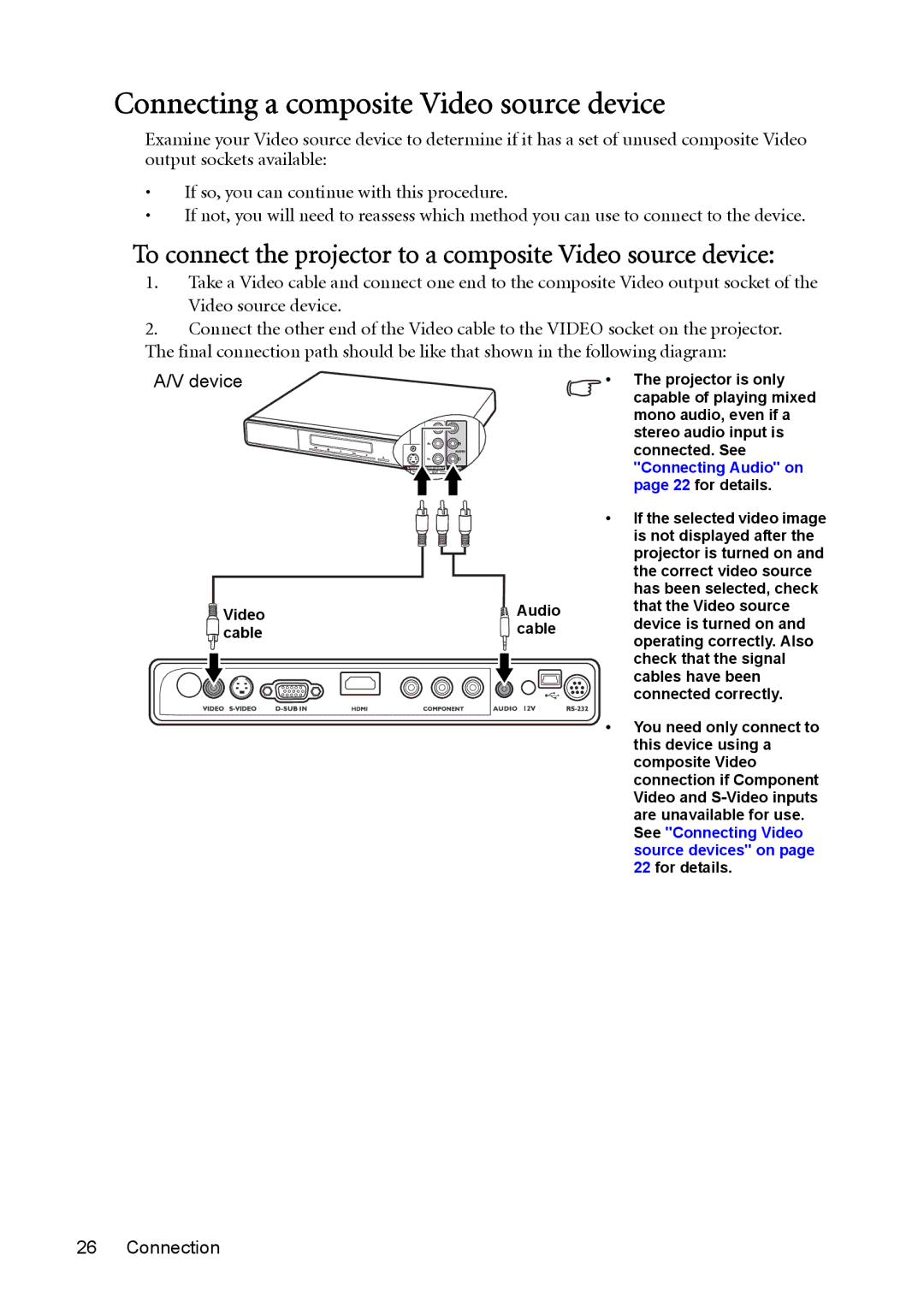 BenQ MP730 manual Connecting a composite Video source device, To connect the projector to a composite Video source device 