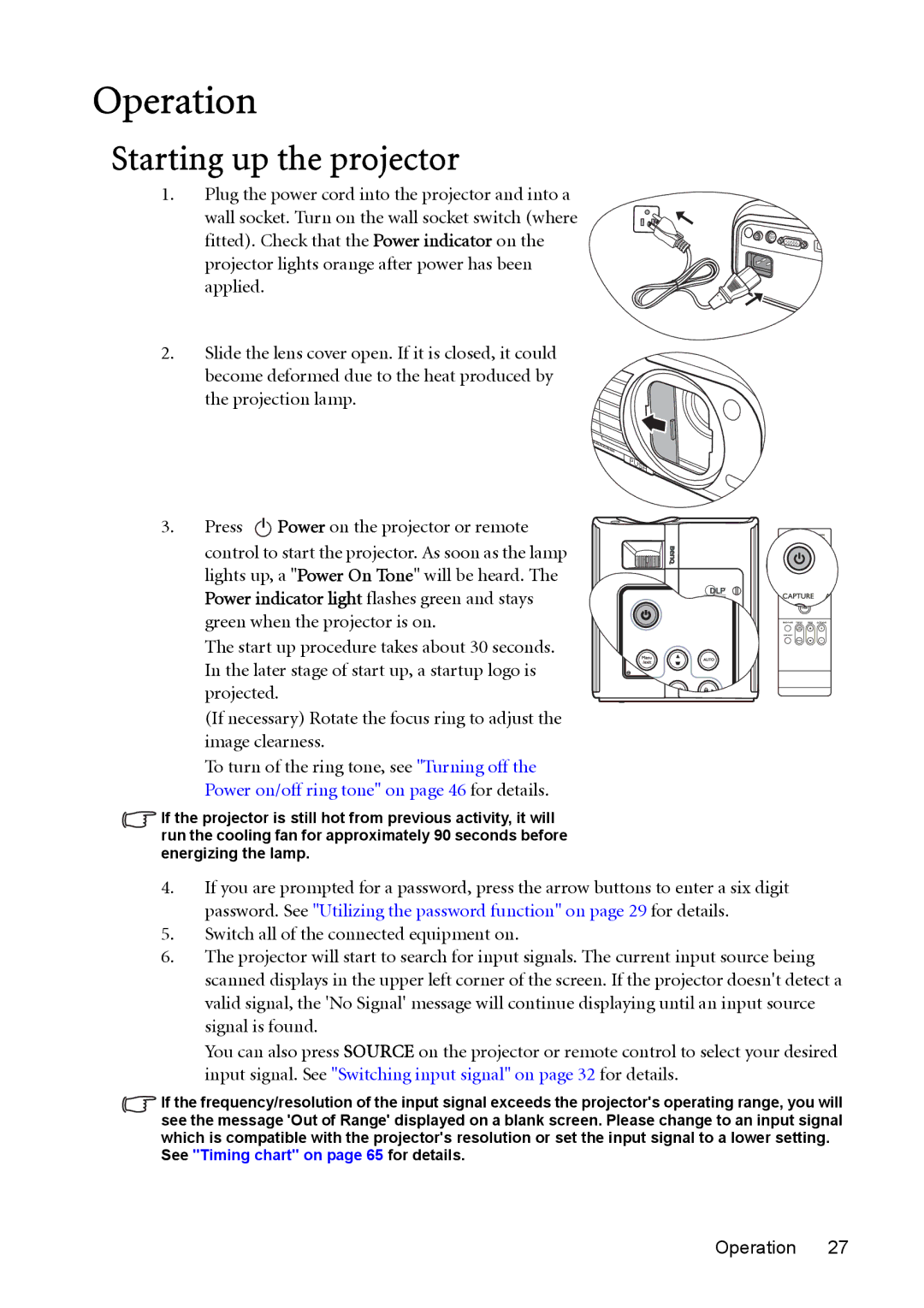 BenQ MP730 manual Operation, Starting up the projector, Projection lamp Press I I Power on the projector or remote 